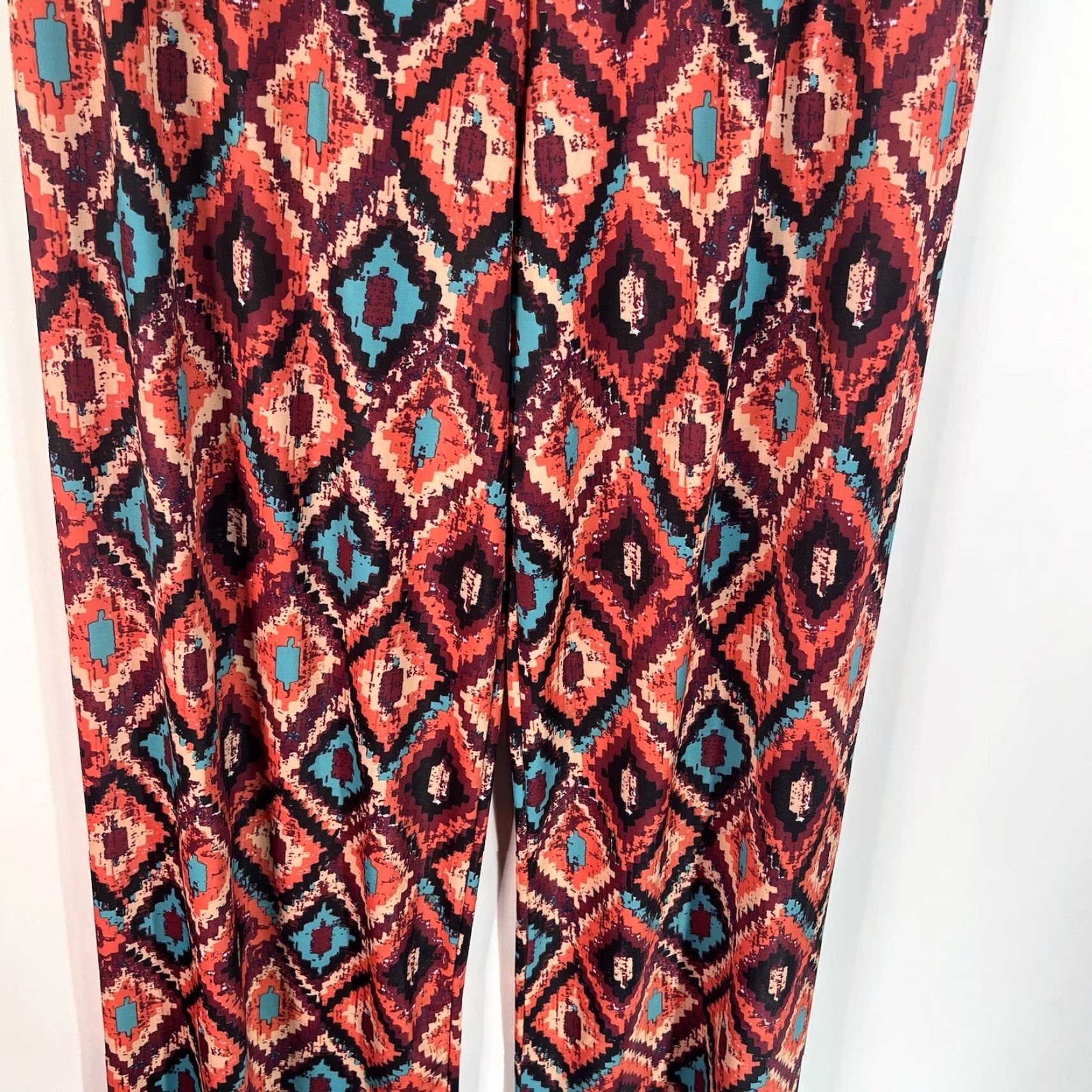 Vintage L Bisse Pants Women XL Orange Geometric Stretch Flare Leg Elastic Waist Size 40" / US 18 - 3 Thumbnail