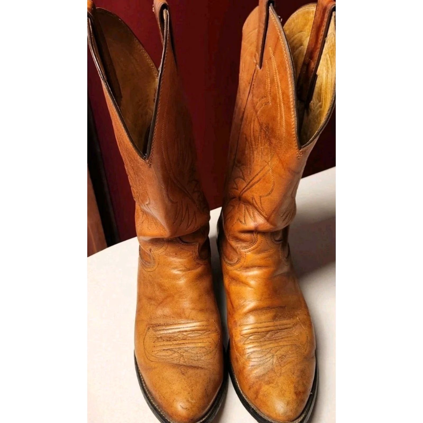 Justin Boots VINTAGE Justin Boots Cowboy Boots Mens 8 D Natural Tan Marbled Leather Western #1632 Size US 8 / EU 41 - 3 Thumbnail