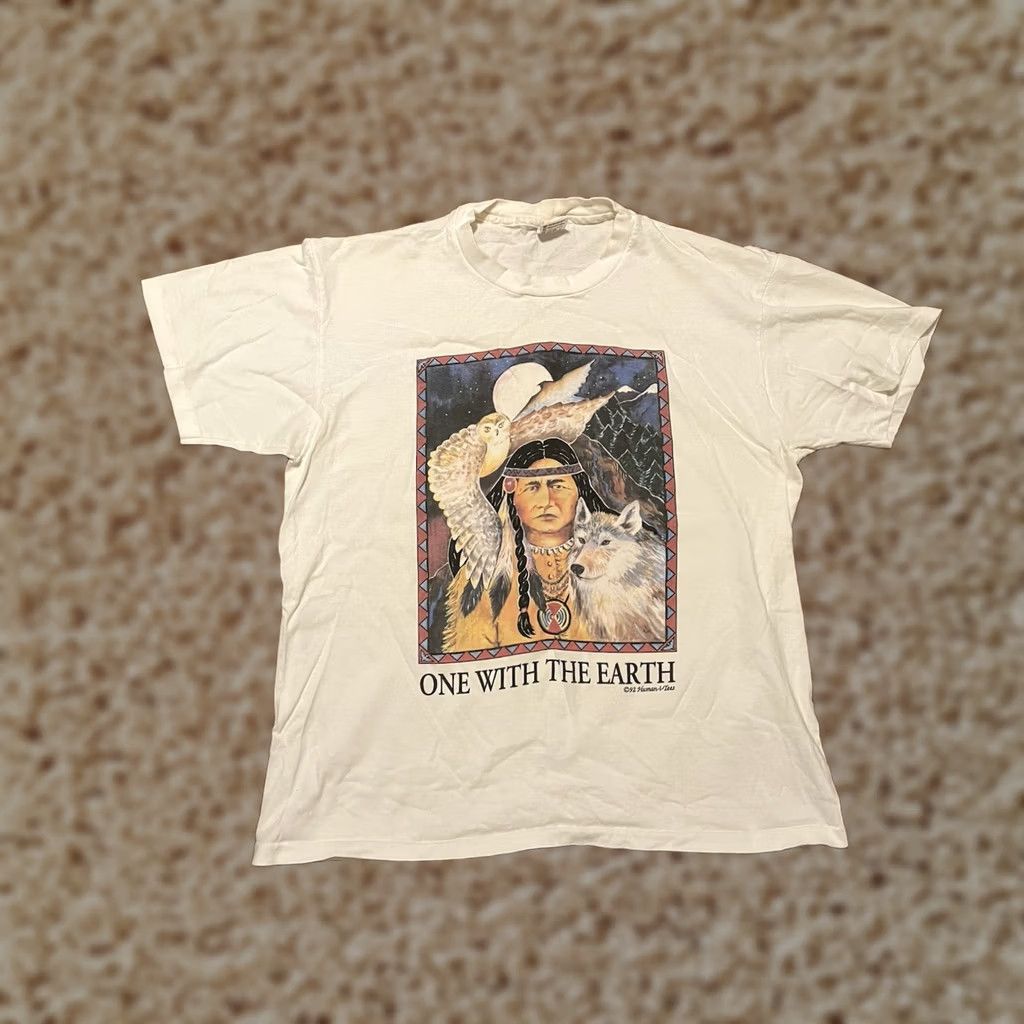 Anvil VINTAGE 1992 Human-i-Tees One With The Earth Native Wolf Single Stitch Shirt XL White Mens T-Shirt XS? Size US XL / EU 56 / 4 - 1 Thumbnail