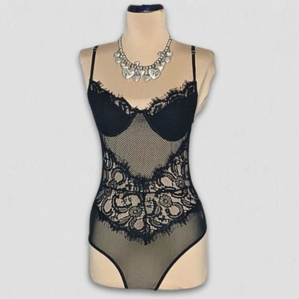 Vintage Y2K Bustier Bodysuit Lace Sheer Mesh Floral Black sz S Size ONE SIZE - 1 Thumbnail