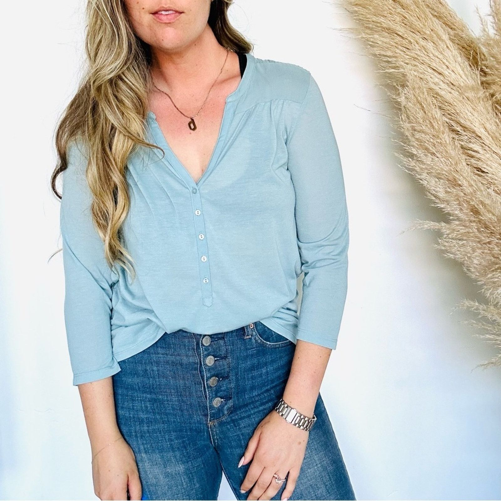 H&M VINTAGE H&M Light Blue Teal Top White Button Blouse Shirt Size M / US 6-8 / IT 42-44 - 1 Thumbnail
