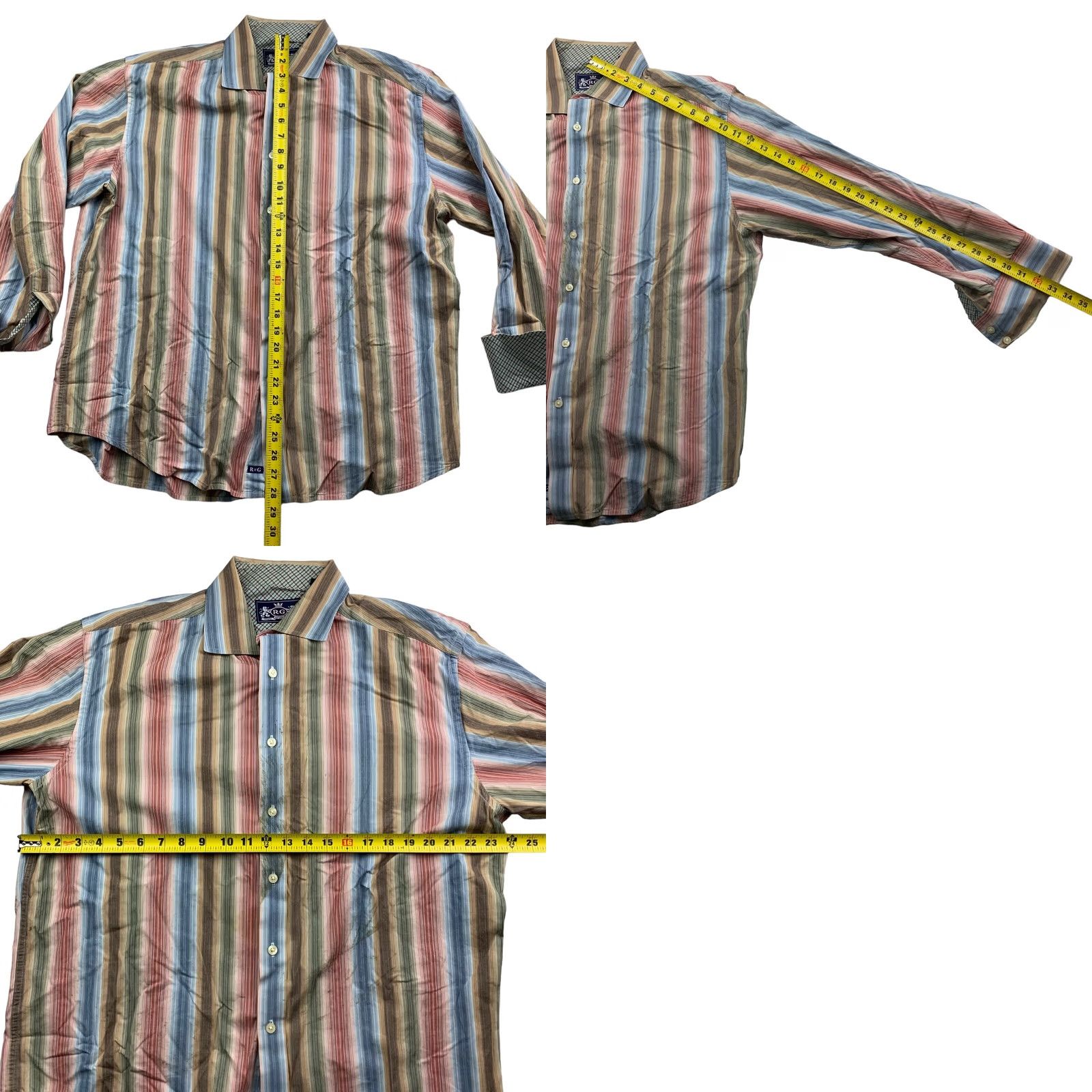 Vintage R&G Men's Cotton Dress Shirt XL Blue/Brown/Red/Green Stripe Flip Cuff Size 46R - 8 Thumbnail