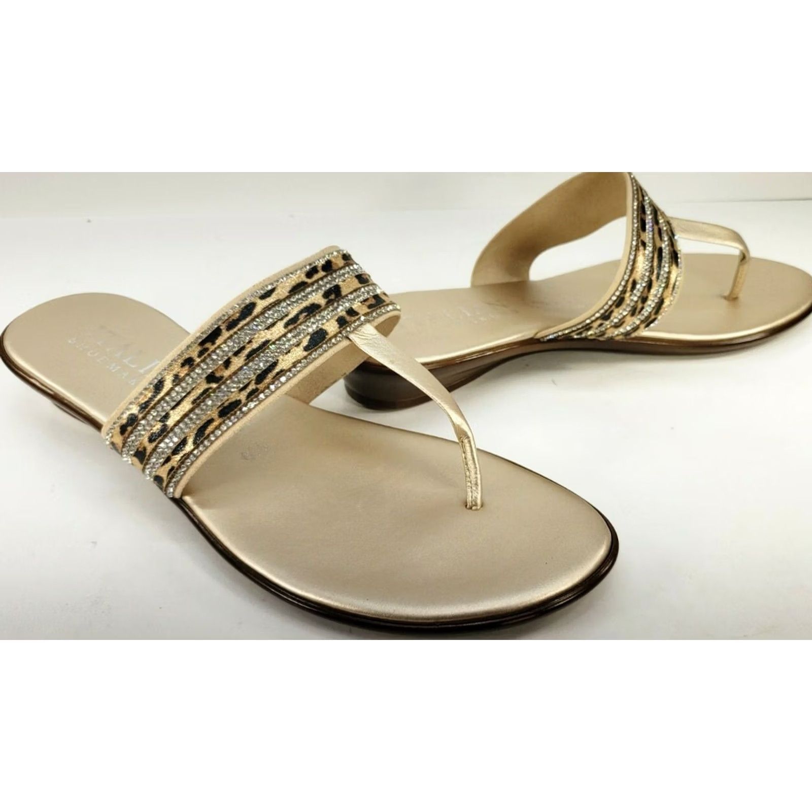 Vintage Italian Shoemakers Sandal Women's 8.5 Gold Toe Post Sandal Crossover Rhinestone Jaguar Pattern White Gold? Size US 9 / IT 39 - 2 Thumbnail