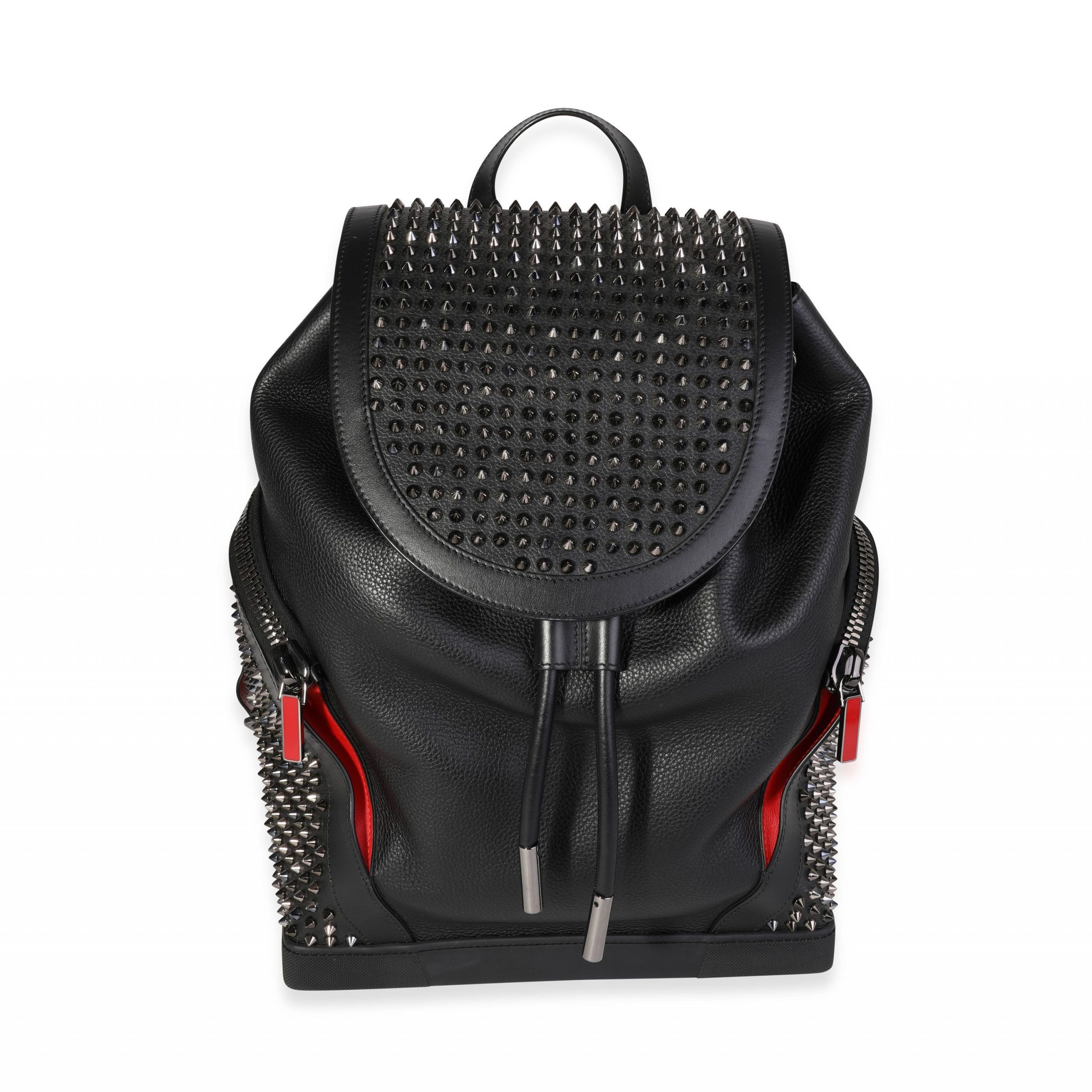 image of Christian Louboutin Black Grained Leather Explorafunk Spiked Backpack, Women's