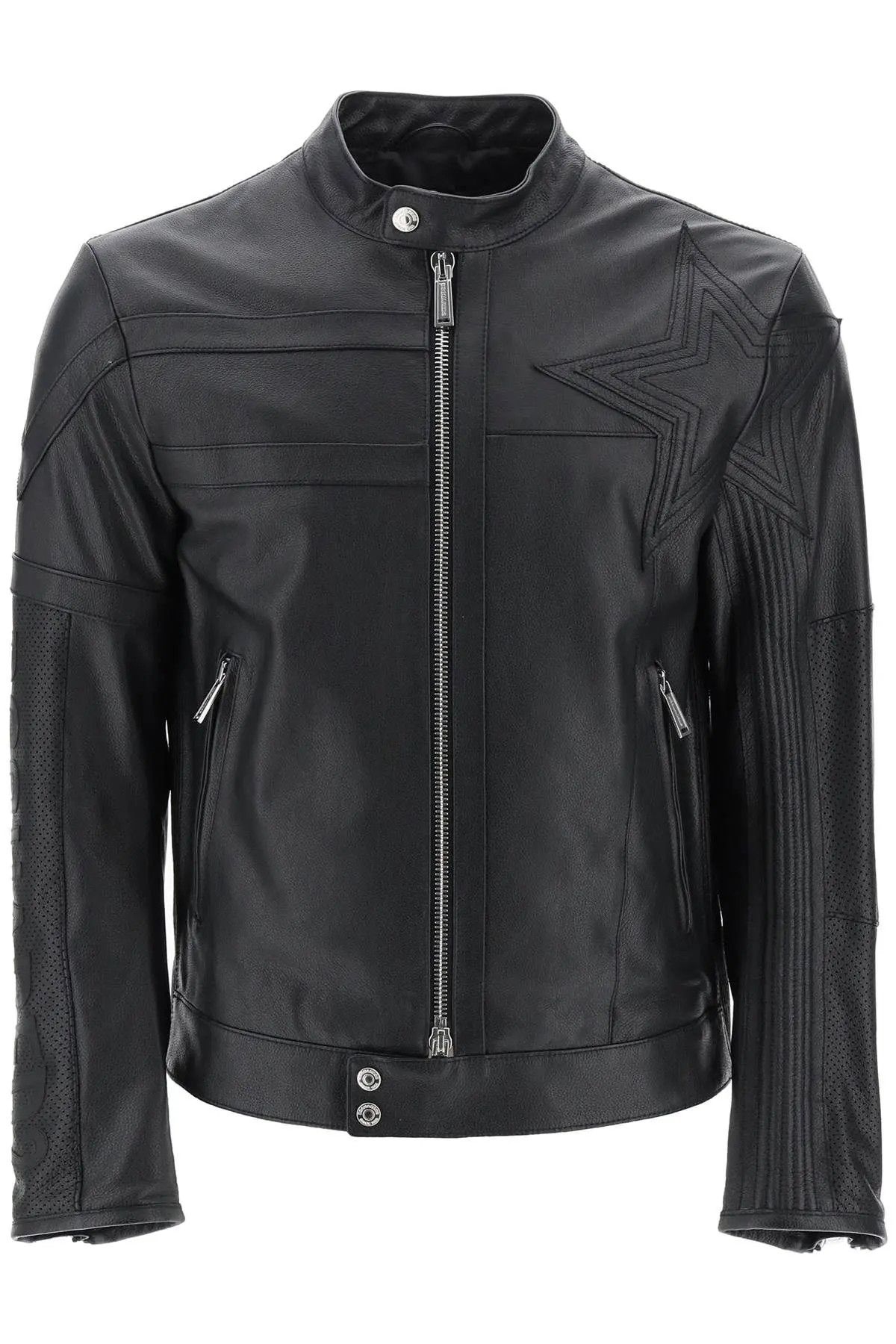 image of Dsquared2 O1S22I1N0224 Leather Biker Jacket In Black, Men's (Size Medium)