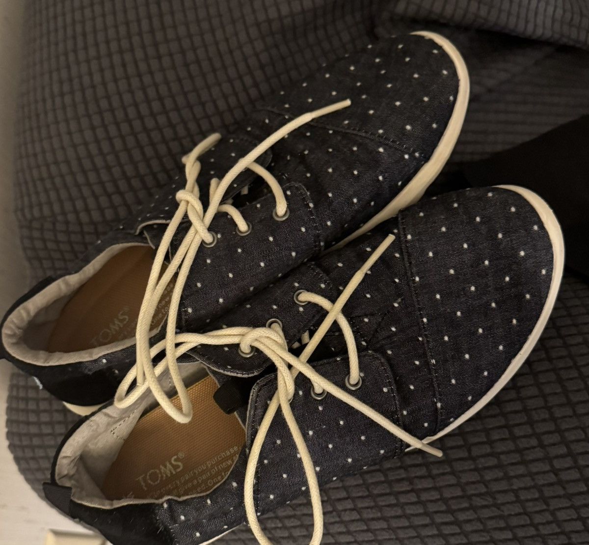 Toms Navy Blue with Cream Polka Dots Tie Up Slip On Toms Size US 7.5 / IT 37.5 - 1 Thumbnail