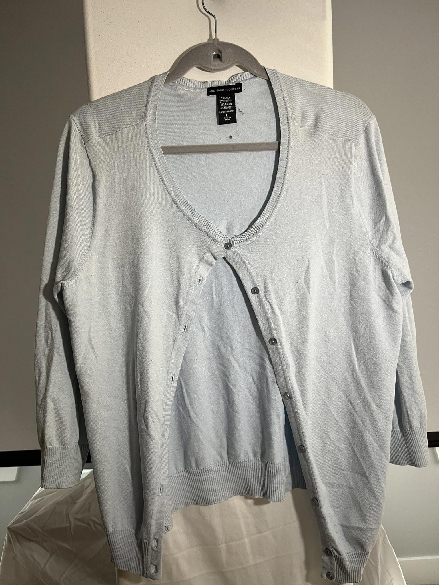 Designer Elegant Light Blue Silk Blend Cardigan by New York & Company Size L / US 10 / IT 46 - 1 Thumbnail