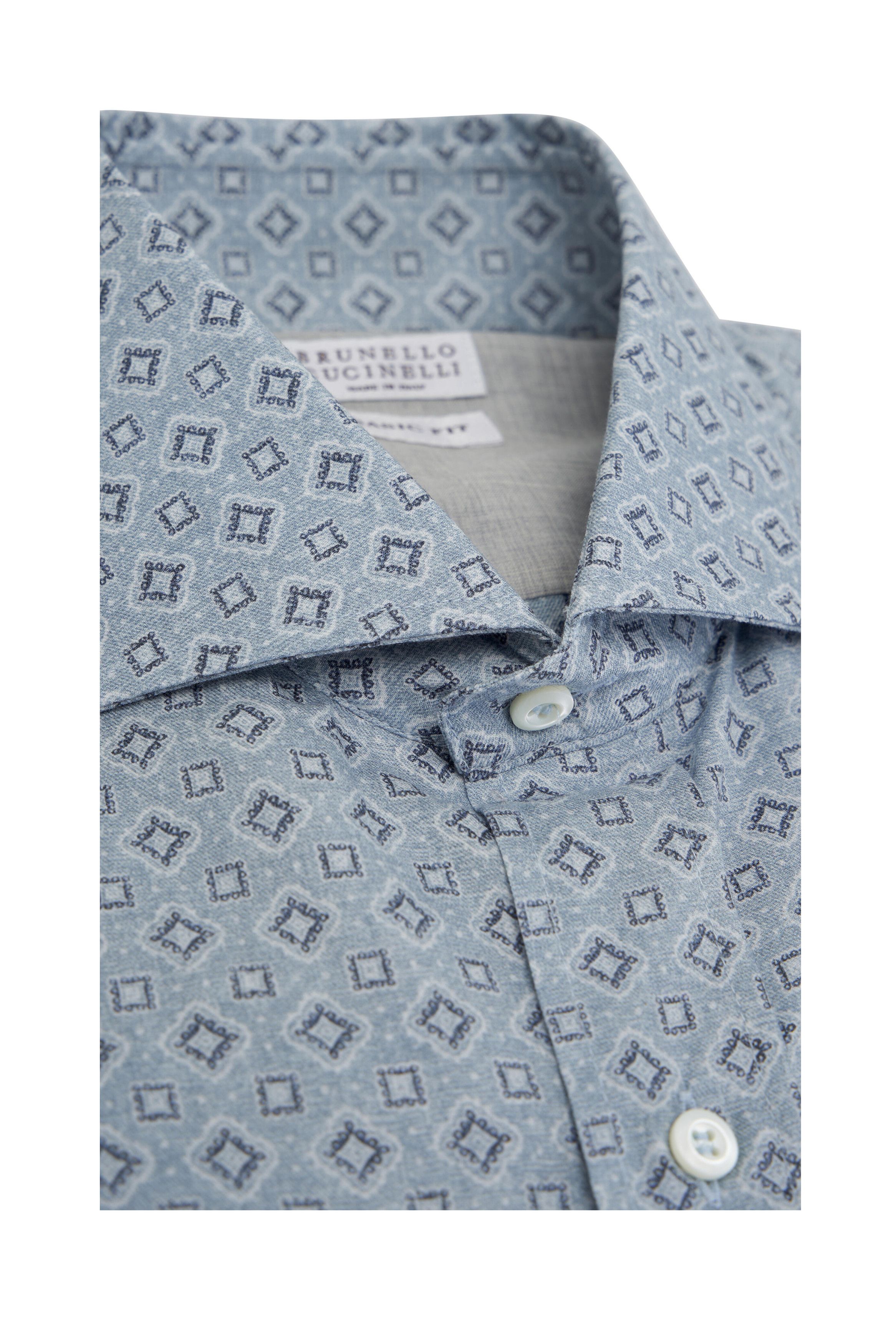 Brunello Cucinelli o1mtch0225 Geometric Print Cotton Sport Shirt in Light Blue Size US L / EU 52-54 / 3 - 2 Thumbnail