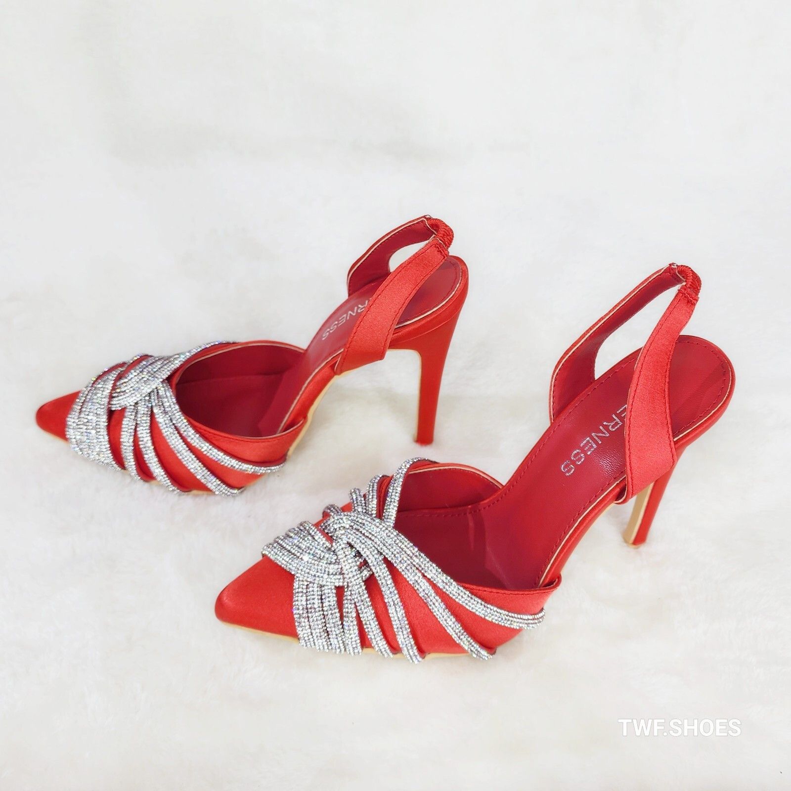 Other Elegance Slip on Slingback Red Satin Rhinestone Pointy Toe H Size US 9 / IT 39 - 7 Thumbnail