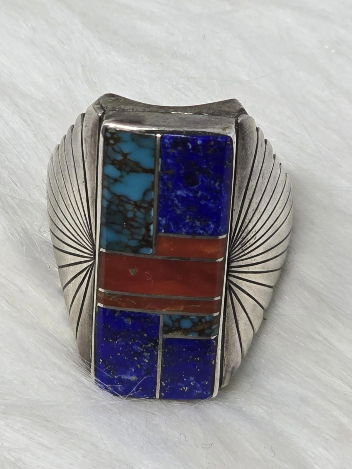 Other Navajo Sterling Inlay Ring ML Lapis Coral Turquoise Signed Size ONE SIZE - 1 Thumbnail