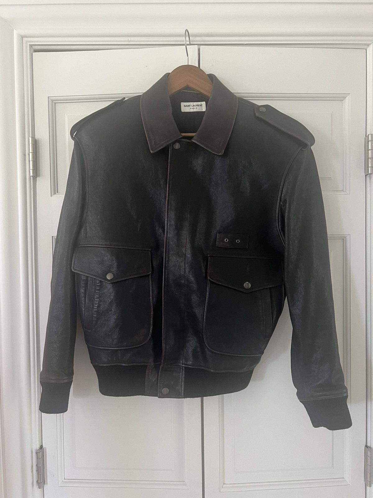 image of Saint Laurent Paris Saint Laurent Leather Bomber Jacket in Brown, Women's (Size XS)