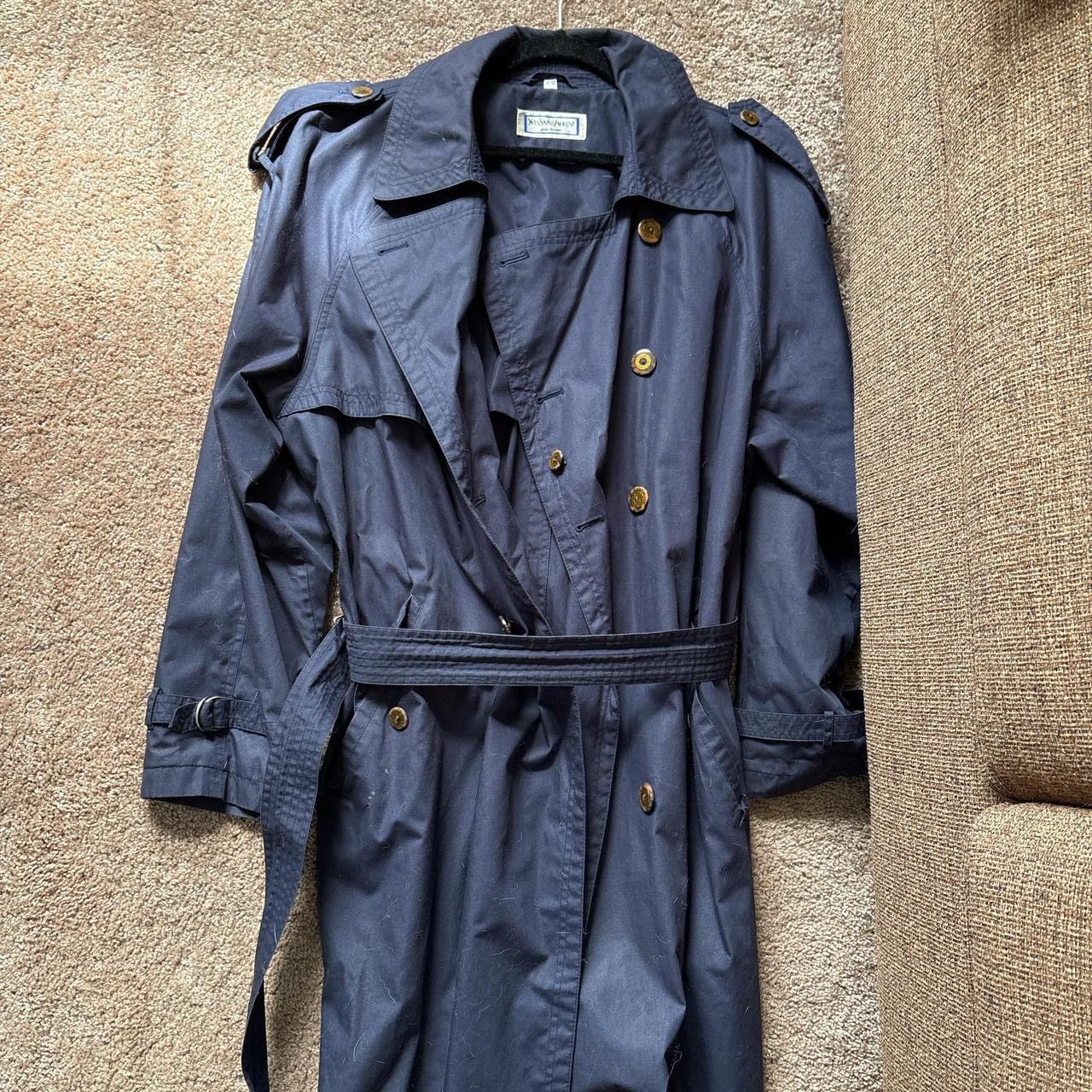 Yves Saint Laurent YSL Navy Belted Double-Breasted Overcoat Size US L / EU 52-54 / 3 - 1 Thumbnail