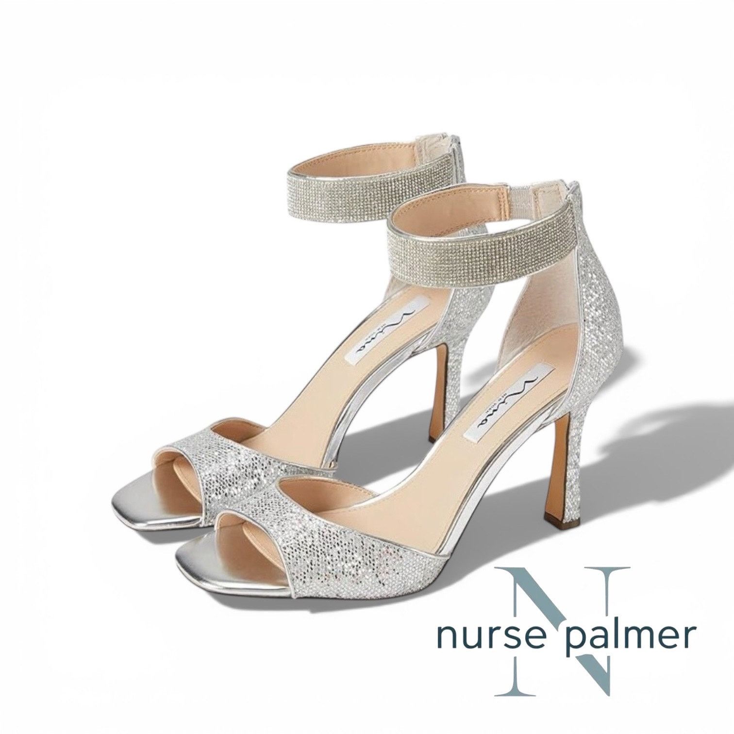 Other Nina silver glitter ankle strap open toe stiletto heels Size US 8 / IT 38 - 1 Thumbnail