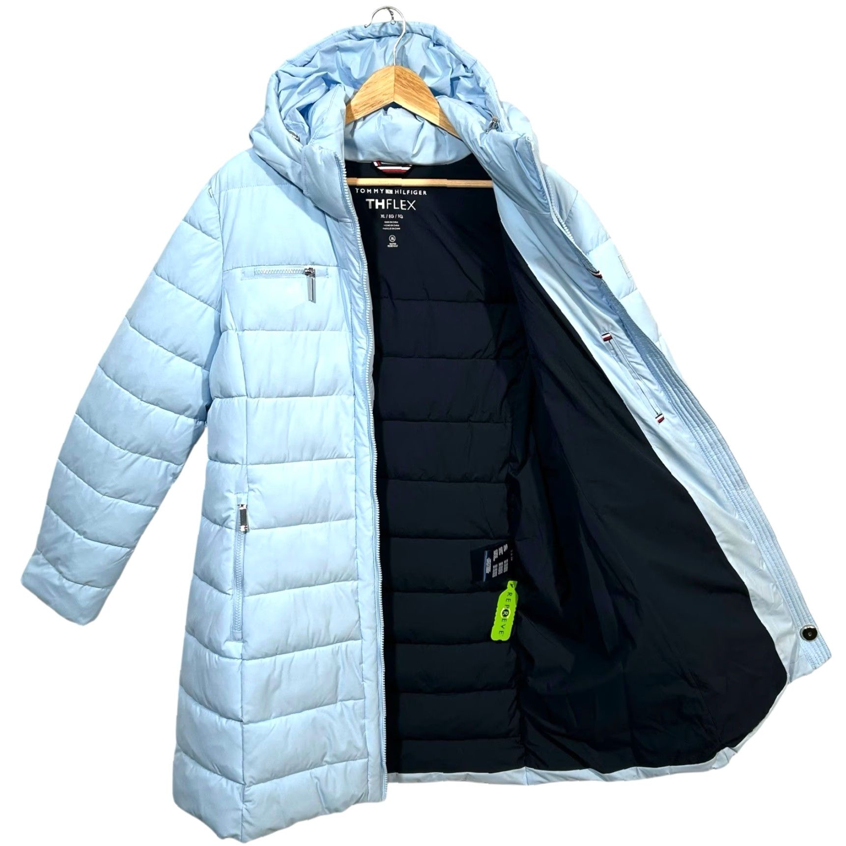 Tommy Hilfiger Tommy Hilfiger Womens Long Puffer Jacket Winter Coat XL Light Blue Zip Pockets Coat Womens XL Blue Quilted Hooded Removable Hood Puffer Jacket Size XL / US 12-14 / IT 48-50 - 5 Thumbnail