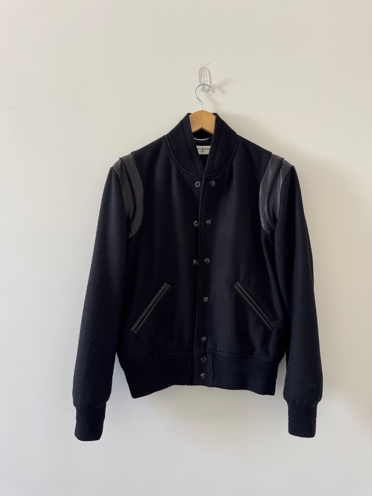 Saint Laurent Paris Teddy Leather-Trimmed Metallic Virgin Wool