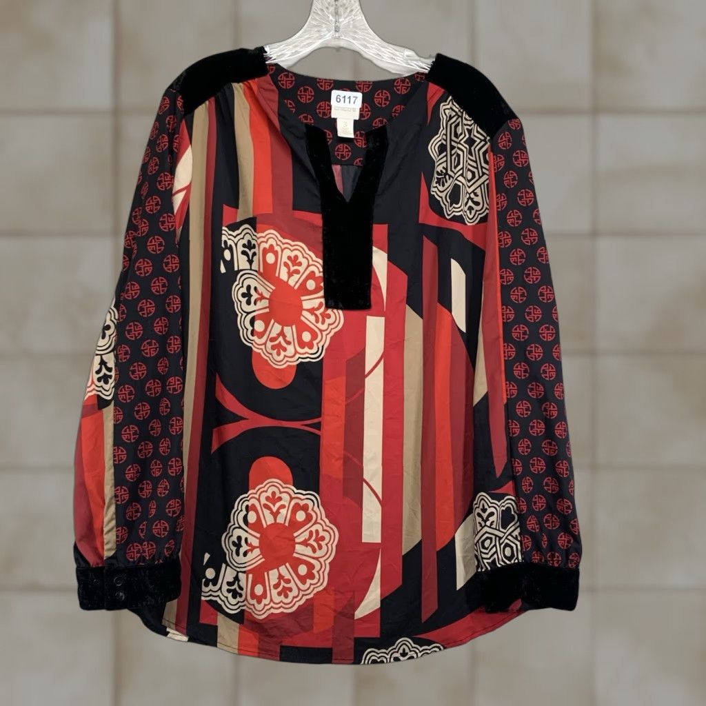 Vintage Chicos Size 3 Long Sleeve Crushed Velvet Accents Asian Flair Style Lightweight Size XS / US 0-2 / IT 36-38 - 1 Thumbnail