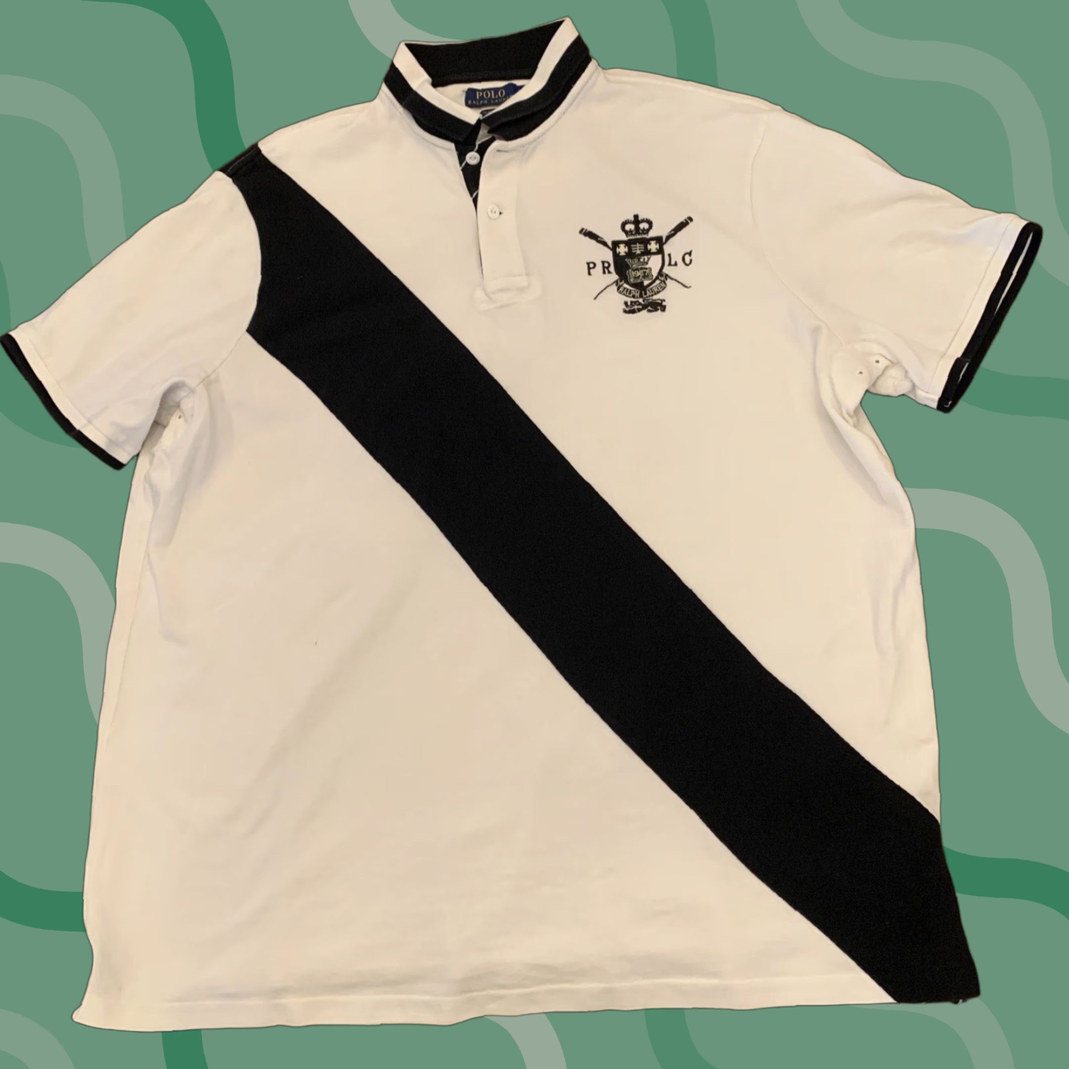 Polo Ralph Lauren VINTAGE Polo Ralph Lauren PRLC Crest Patch Collar Dress Rugby Stripe White & Blue Large 2XL Mens Polo Shirt Size US XXL / EU 58 / 5 - 1 Thumbnail