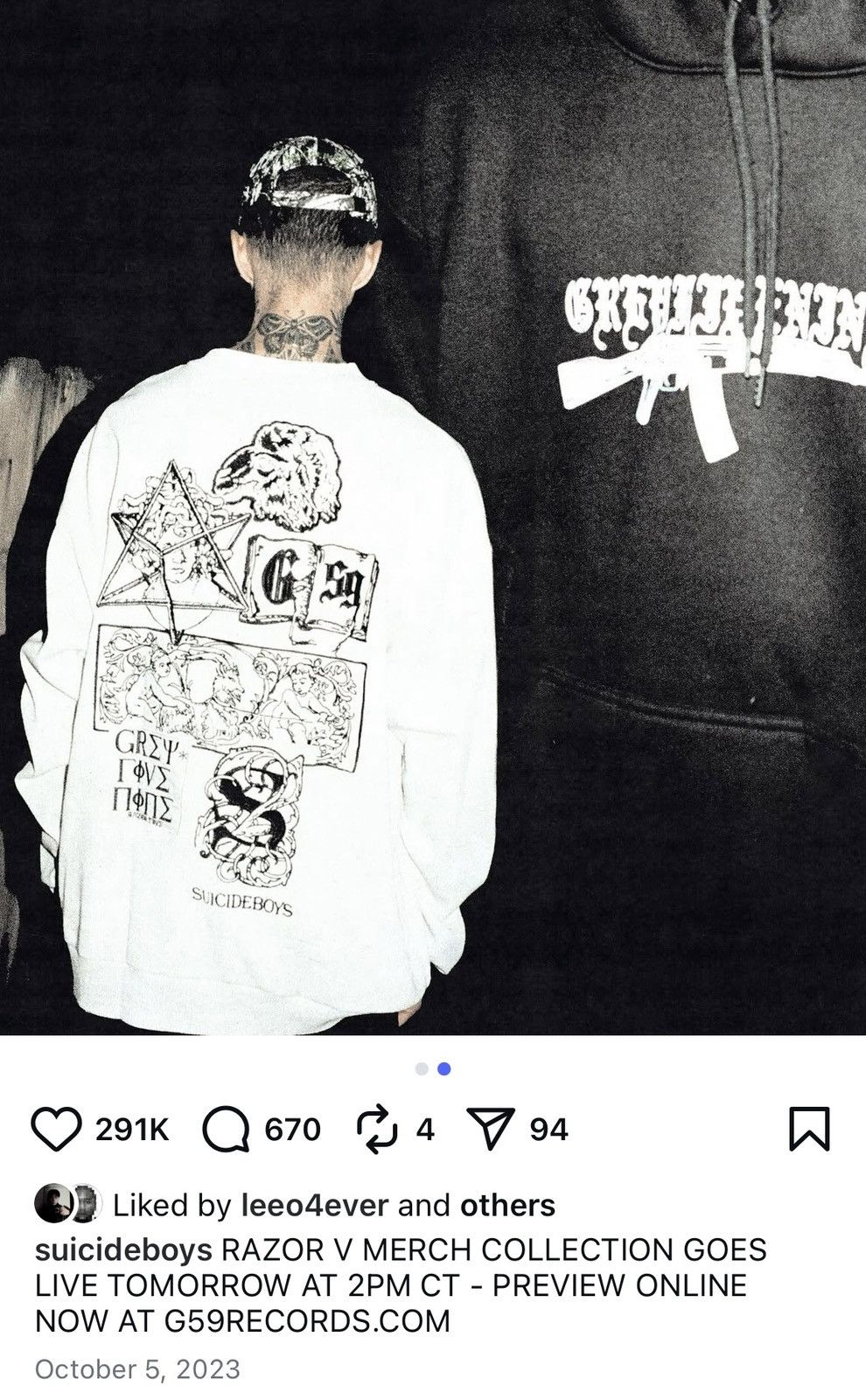 G59 Records 2023 $uicideboy$ OCCULT ESOTERiC OATMEAL MÉLANGE HENLEY Size US XL / EU 56 / 4 - 21 Thumbnail
