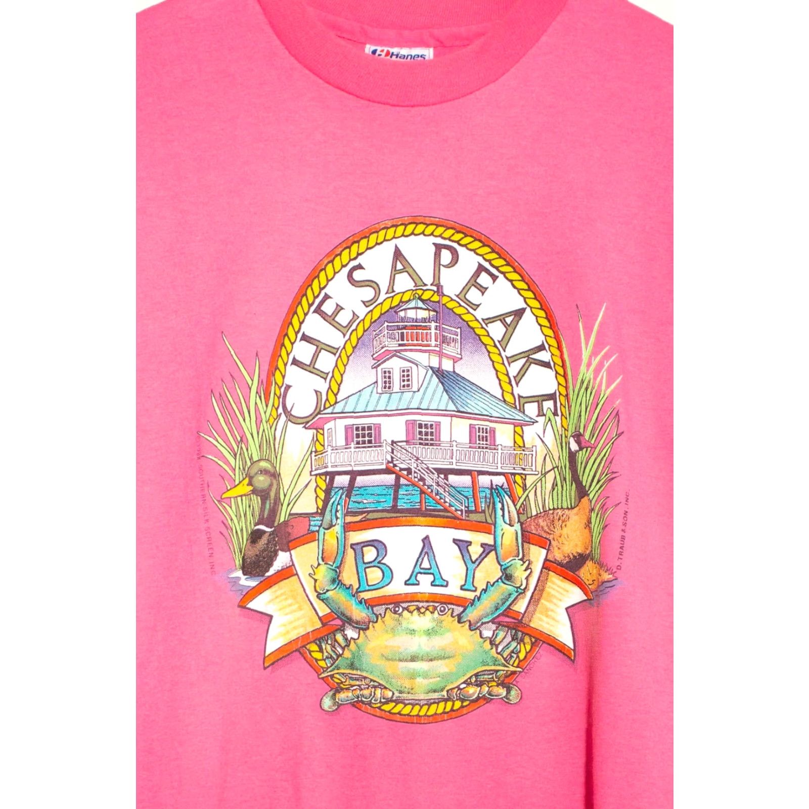 Hanes VINTAGE Chesapeake Bay Misprint T-Shirt Hanes Medium Pink Unisex Adults Short Sleeve 1980s Mens Womens Boys Girls Size US M / EU 48-50 / 2 - 2 Thumbnail