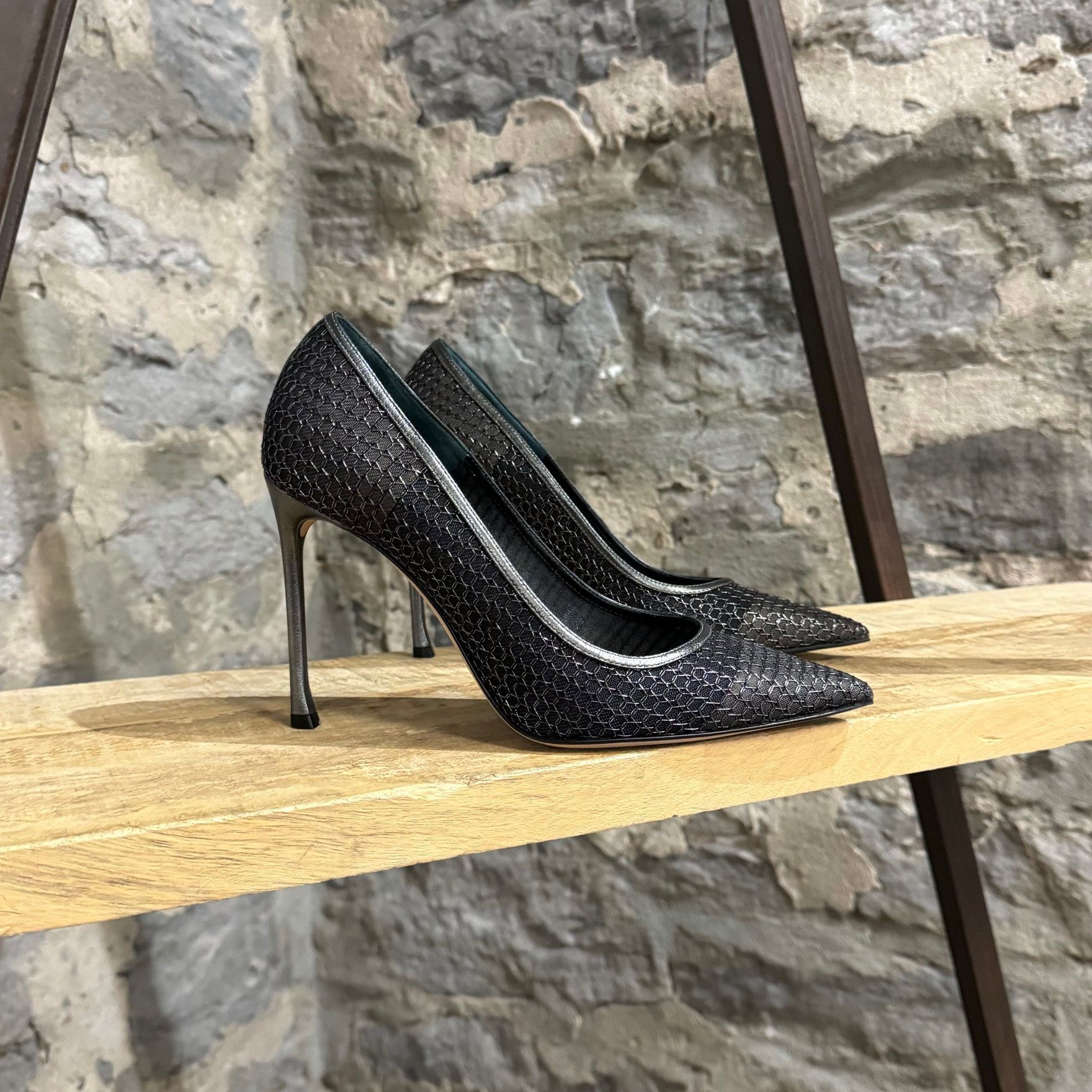 Dior Silver Black Metallic Mesh Pointy Pumps