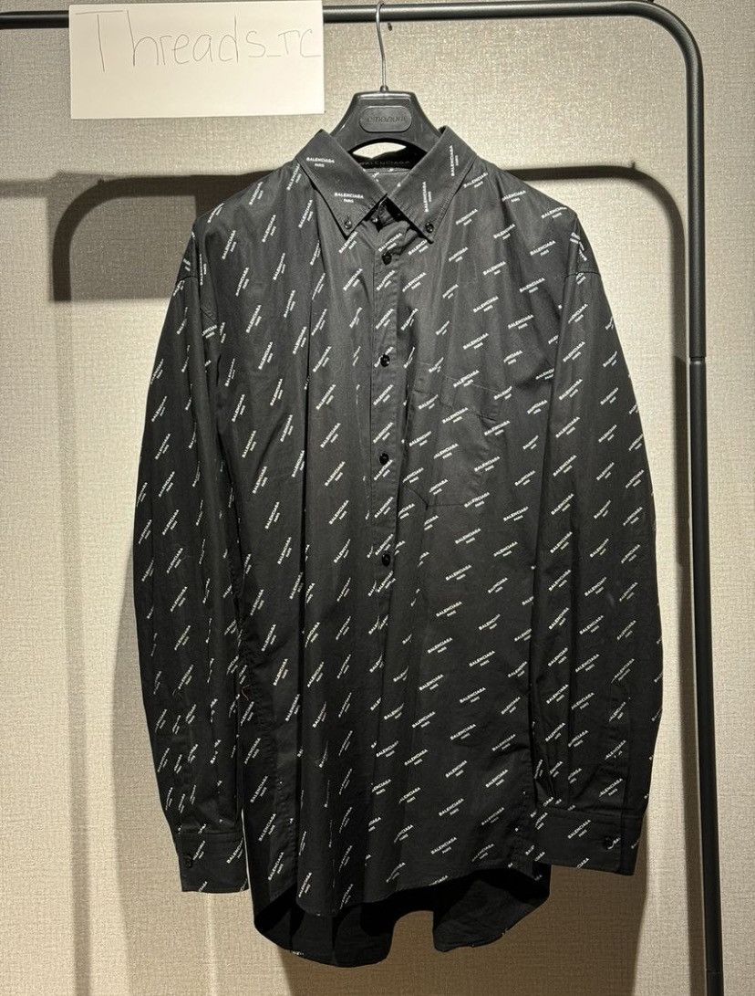 Balenciaga Balenciaga Men's Black Allover Logo Shirt Size US M / EU 48-50 / 2 - 1 Thumbnail