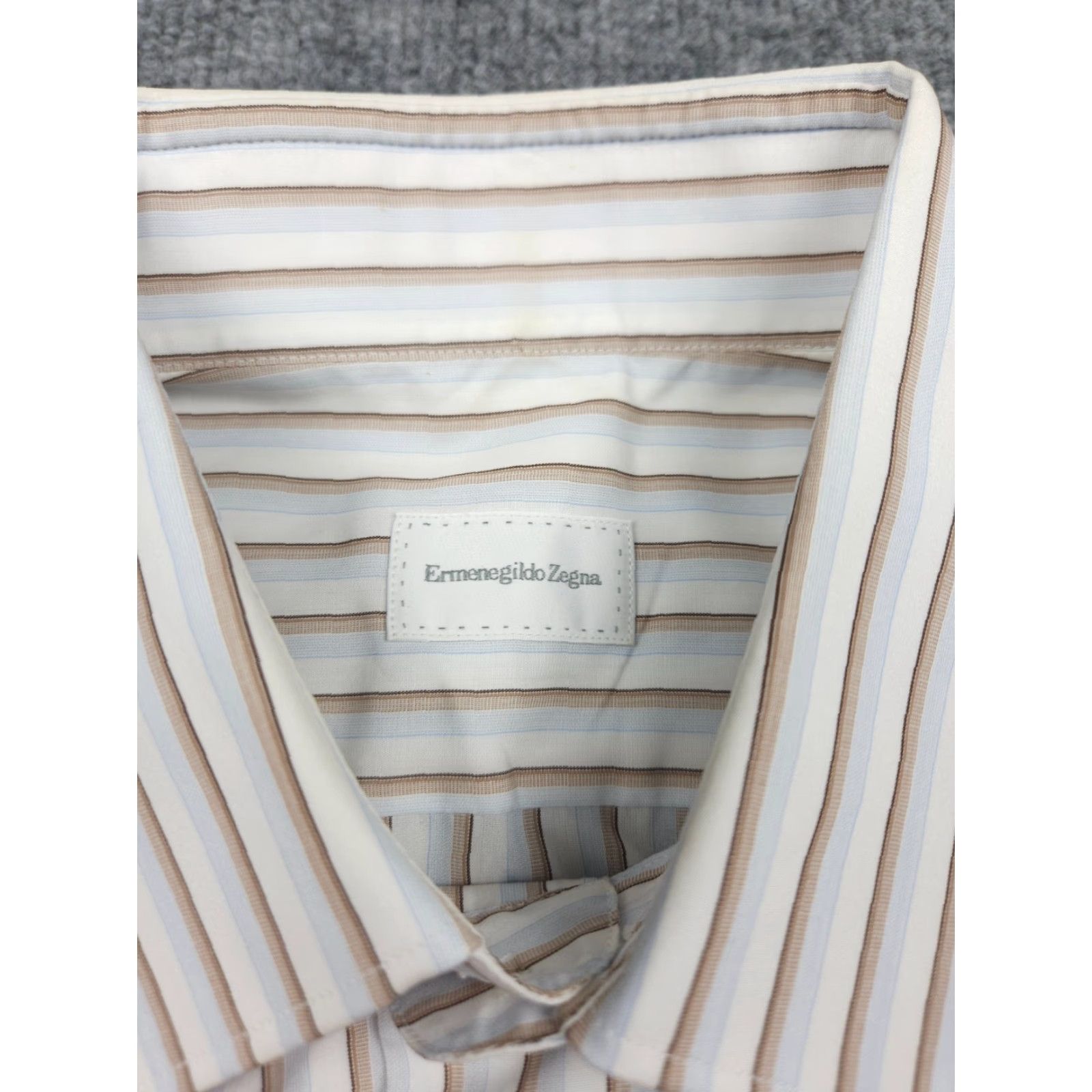 Ermenegildo Zegna Ermenegildo Zegna Dress Shirt Mens 43" Chest Striped White Beige Cotton Size 40R - 5 Thumbnail