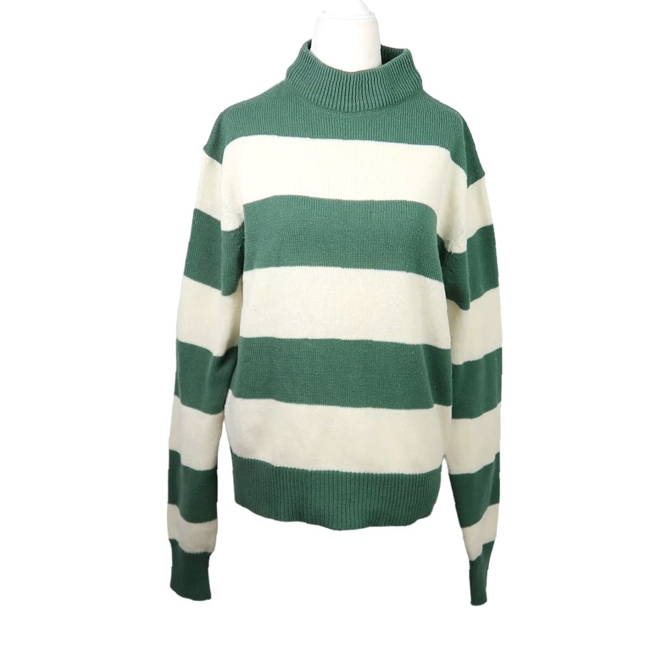Vintage VINTAGE 80s Atkinson Cream and Green Striped Mockneck Pullover Sweater M Womens Menstrual? Size M / US 6-8 / IT 42-44 - 2 Thumbnail