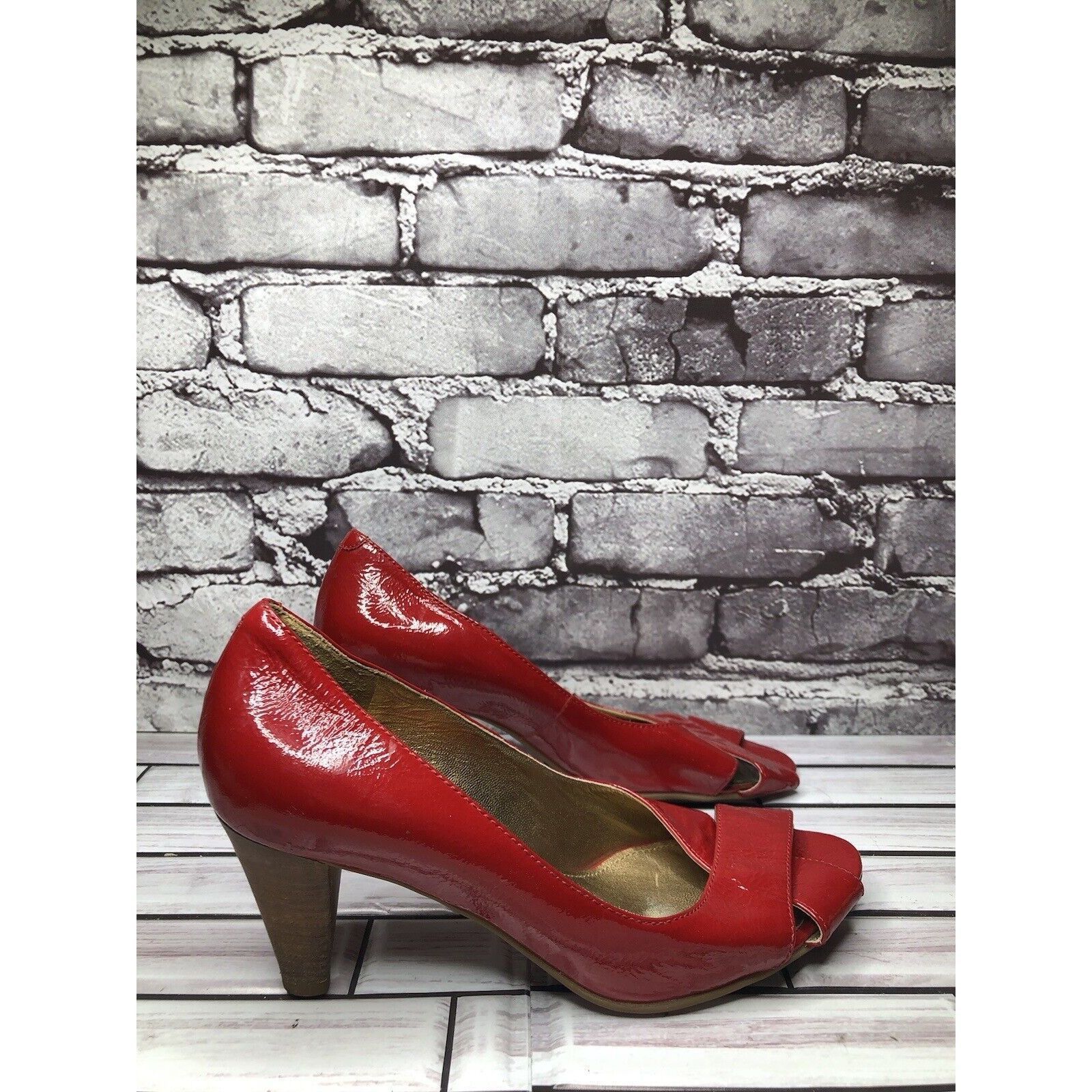 Ecco Ecco Red Patent Leather Peep Toe High Stacked Wooden Heels W Size US 7.5 / IT 37.5 - 3 Thumbnail