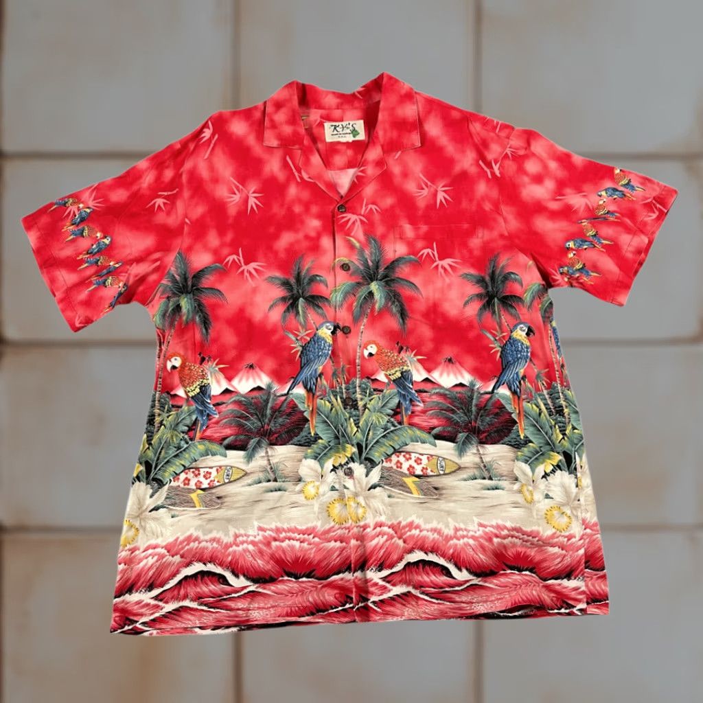 Vintage VINTAGE Ky's of Hawaii Hawaiian Shirt Adult LARGE Red Aloha Tropical Parrot Palm Tree 80s Shirt Mens Size US L / EU 52-54 / 3 - 1 Thumbnail