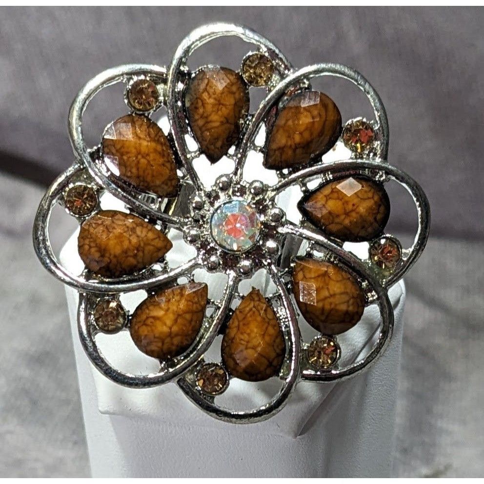Other Fairycore Glam Brown And Silver Tone Rhinestone Flower Ring Size ONE SIZE - 5 Thumbnail
