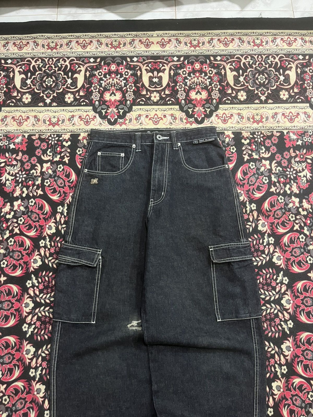 JNCO Vintage Soul Los Angeles Cargo Baggy Black Washed Jeans Size US 29 - 3 Thumbnail
