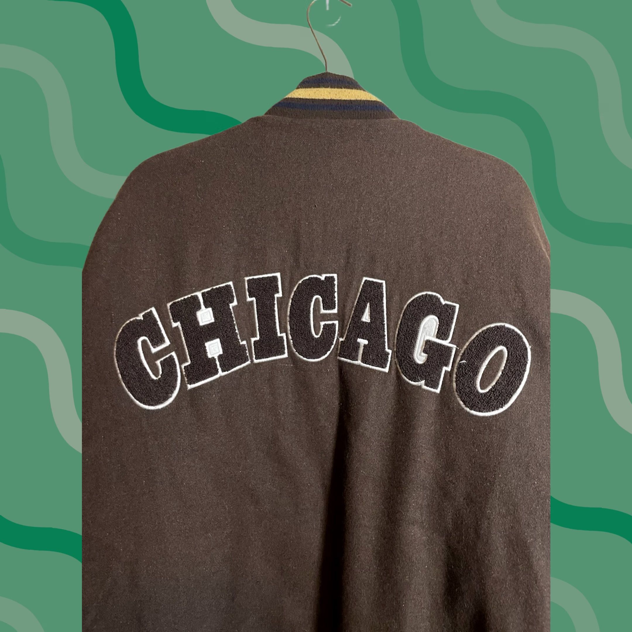 Spell Chicago Jacket Mens 2XL Brown Quilted Varsity Type Spell Out Men Dtek Jeans Size US 39 - 1 Thumbnail