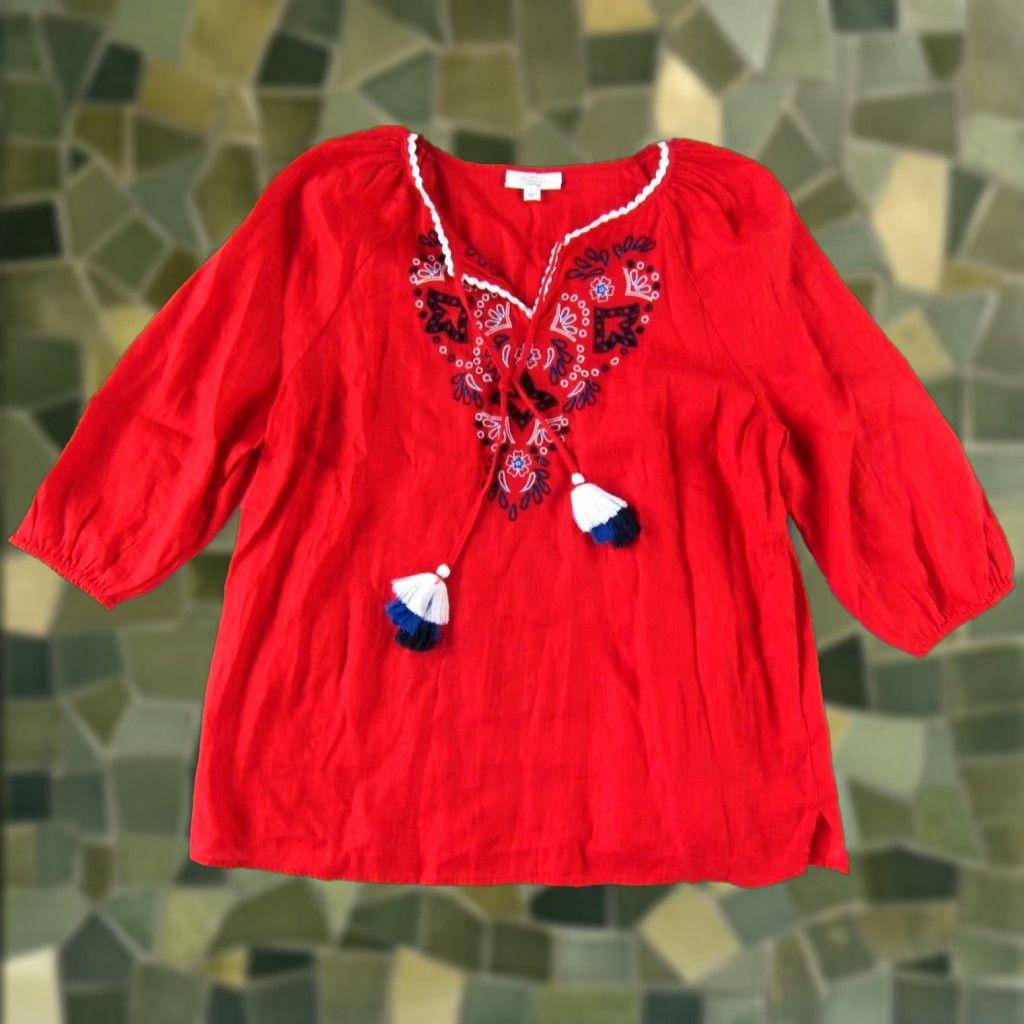 Charter Club Charter Club Luxury Linen Red White Blue Embroidered 3/4 Sleeve Tunic Blouse L Size L / US 10 / IT 46 - 1 Thumbnail