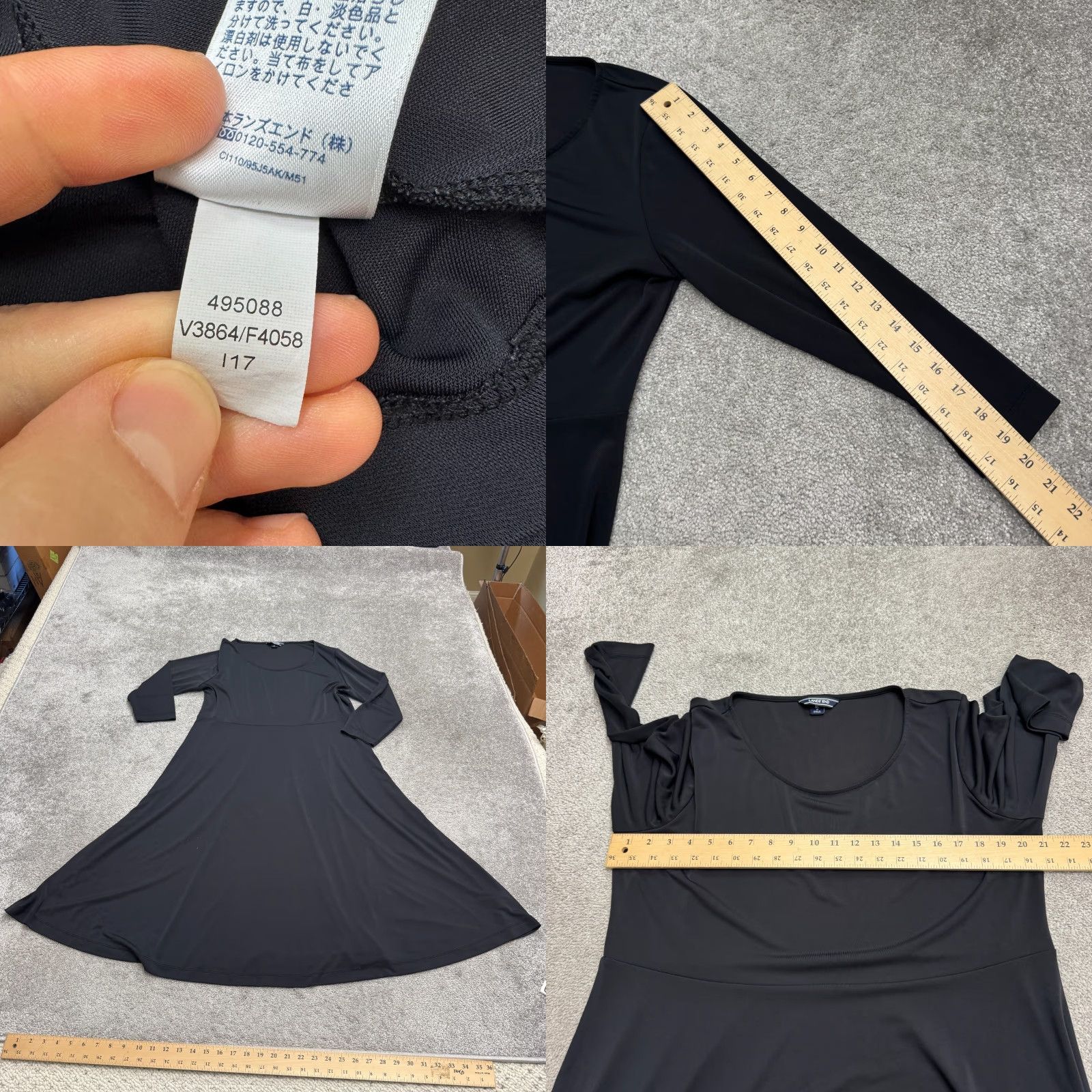 Lands' End Lands' End Fit & Flare A-Line Midi Dress Womens XL 18 Black Long Sleeve Stretch Regular Polyester Spandex Solid Round Neck Vintage No Size XL / US 12-14 / IT 48-50 - 8 Thumbnail
