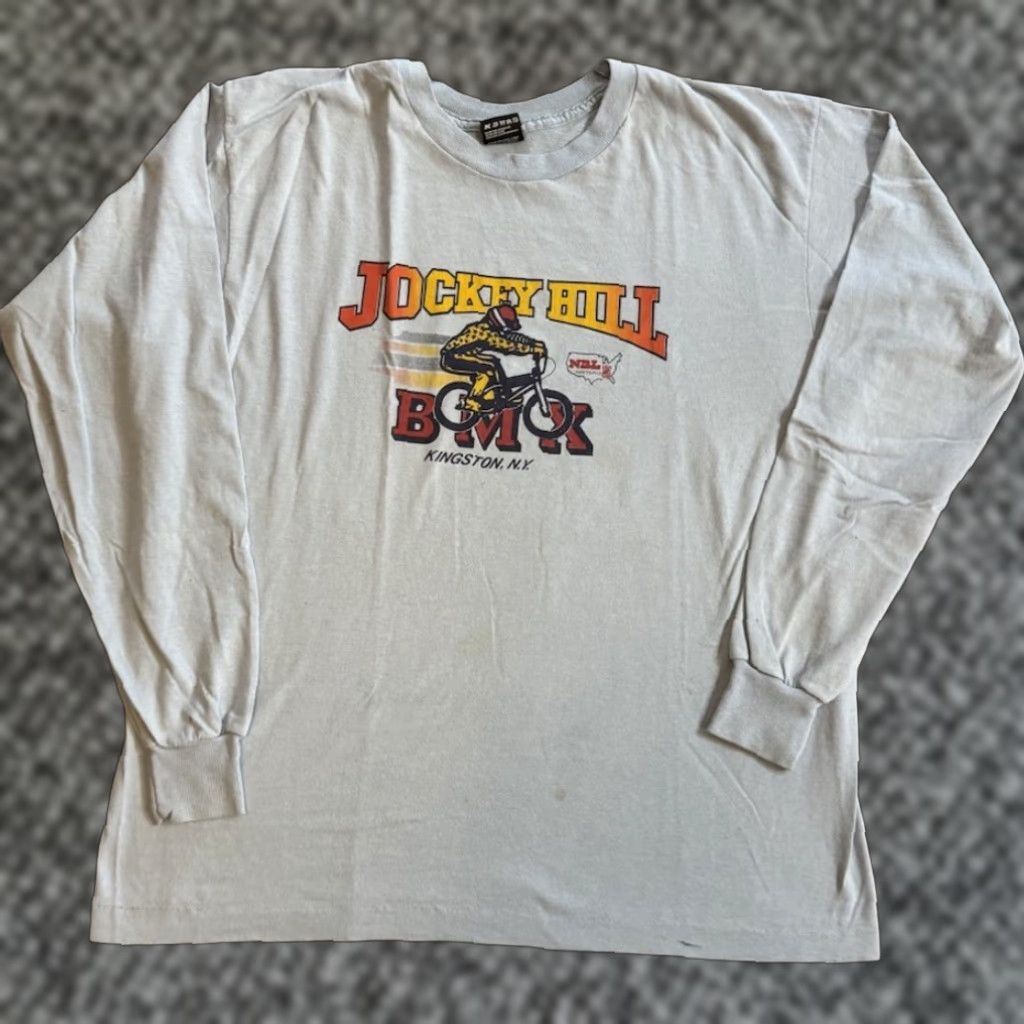 Fruit Of The Loom VINTAGE 80s Jockey Hill Kingston NY Long Sleeve T Shirt XL Blue Cotton Polyester Fruit of the Loom Mens 80s BMX Racing Logo Graphic Print Crew Neck Size US XL / EU 56 / 4 - 1 Thumbnail