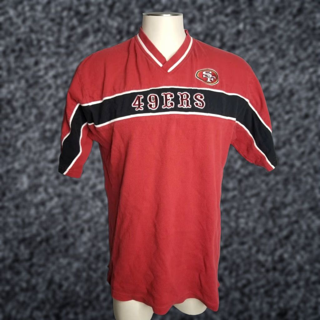 NFL VINTAGE NFL Mens Large Red 49ers Embroidered V Neck Short Sleeve Football T Shirt 80s 90s Sports Size US L / EU 52-54 / 3 - 1 Thumbnail