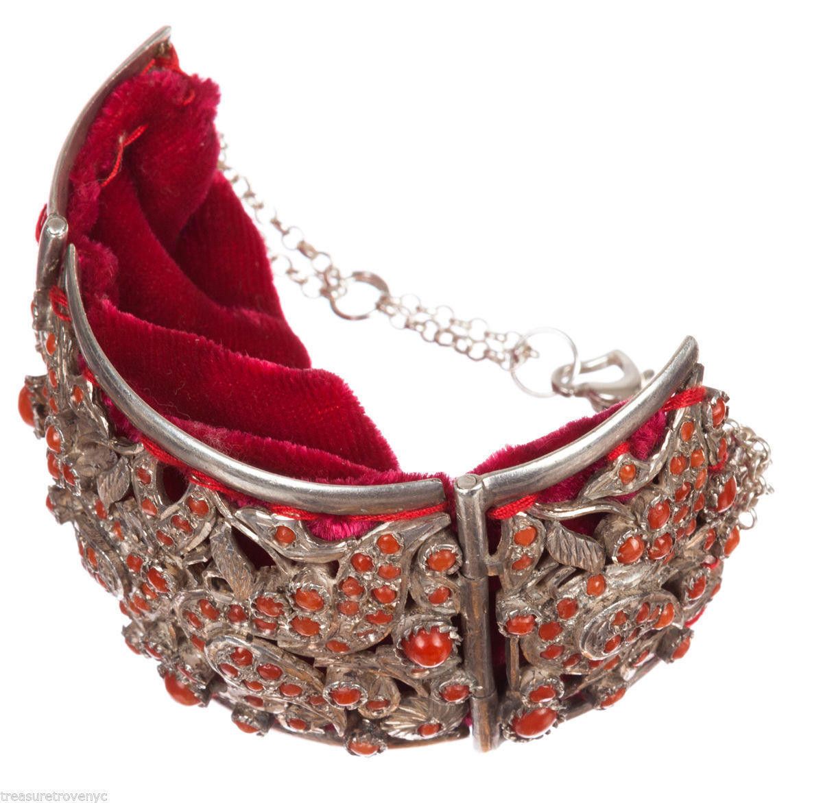 Designer Sterling Silver and Red Coral Ornate Cut Out Bracelet Size ONE SIZE - 2 Thumbnail