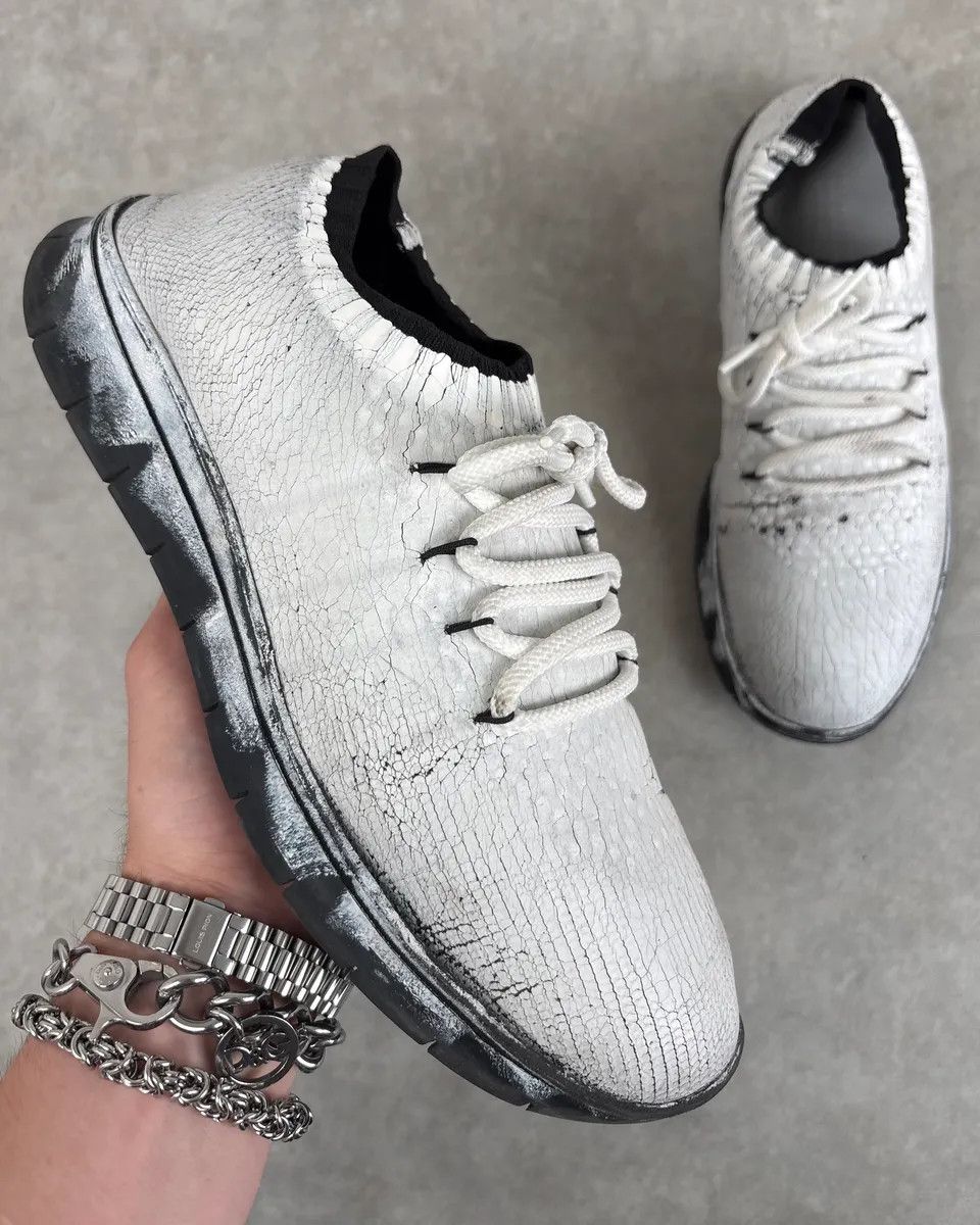 Maison Margiela 2010s Maison Margiela White Knit Cracked Paint Sneakers Size US 13 / EU 46 - 1 Thumbnail