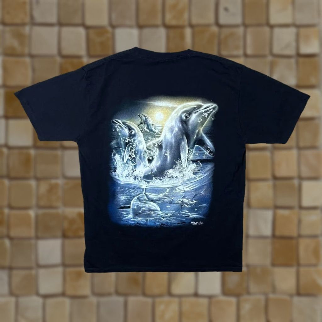 Vintage VINTAGE Wild Dolphin Ocean Marine Graphic Black Cotton T-Shirt XL Men Regular Short Sleeve Graphic Print Size US XL / EU 56 / 4 - 1 Thumbnail