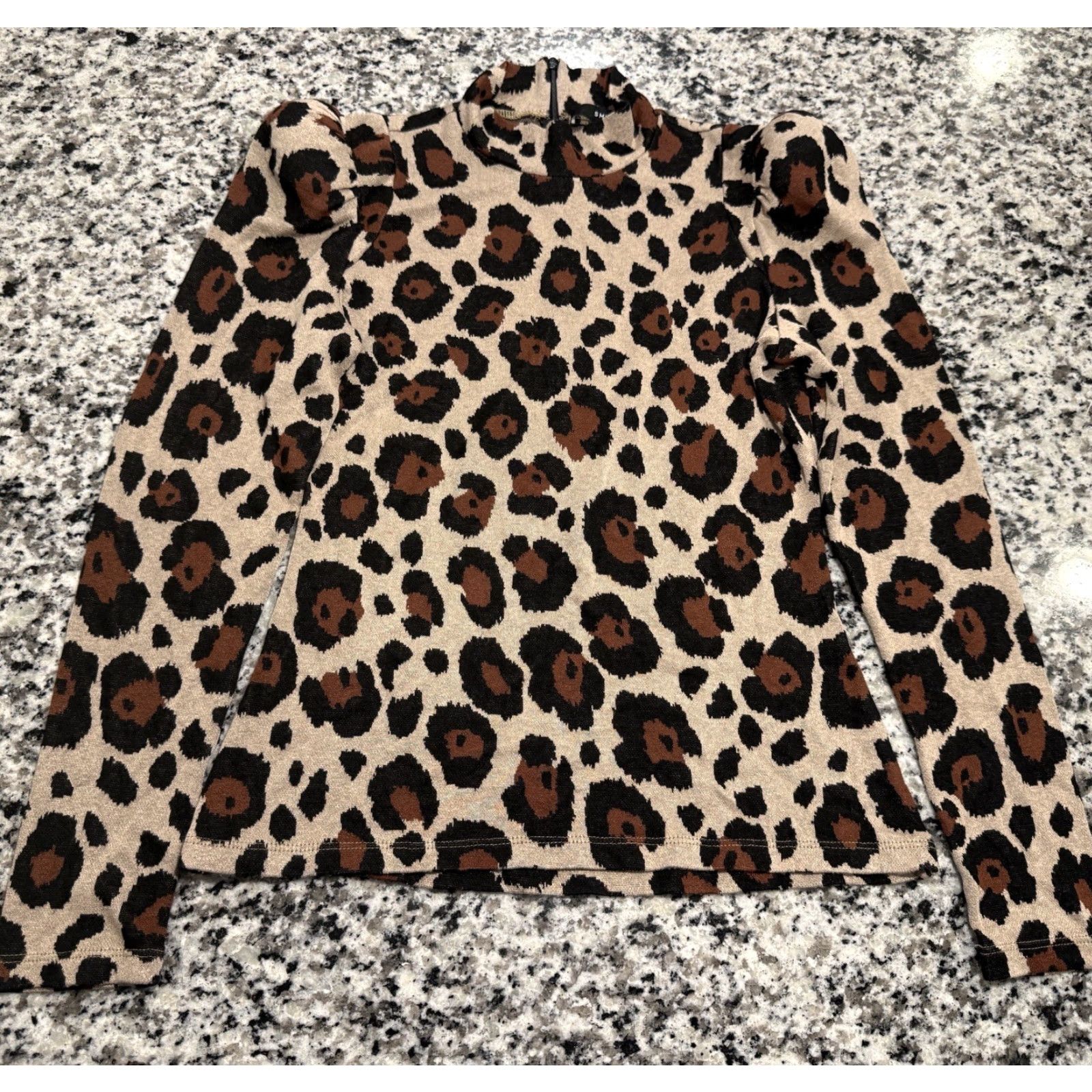 SMYTHE Smythe Blouse Shirt Animal Print Pouf Shoulder Mock Neck Puff Sleeve Small M Tan Brown Black Womens Regular Included Size M / US 6-8 / IT 42-44 - 3 Thumbnail