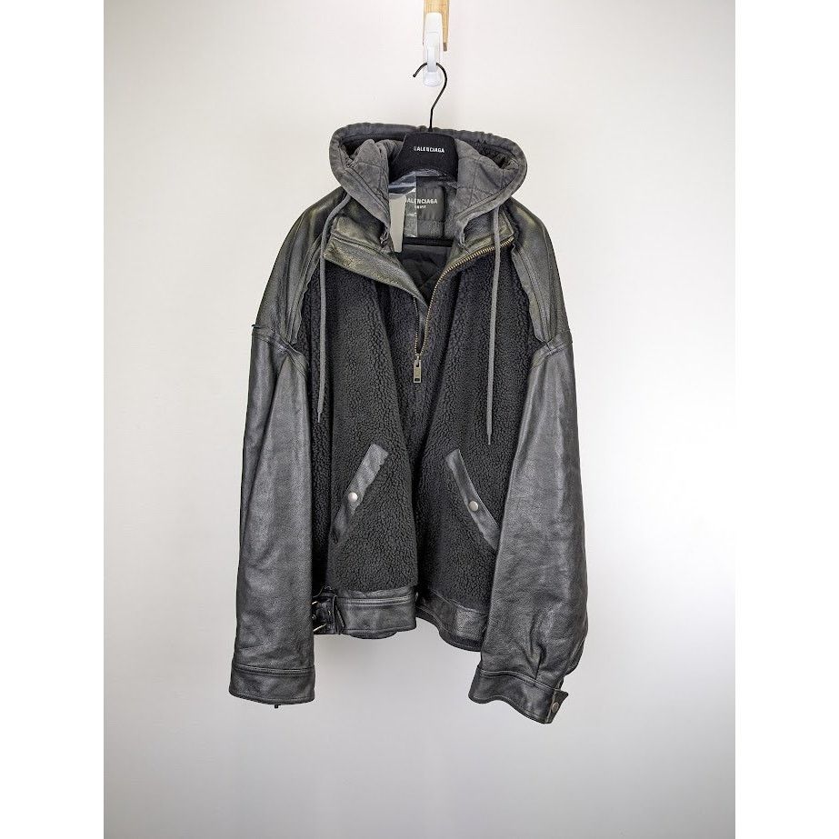 Balenciaga o1rshd1 Leather Sleeve Shearling Fleece Jacket in Black Size US XS / EU 42 / 0 - 1 Thumbnail
