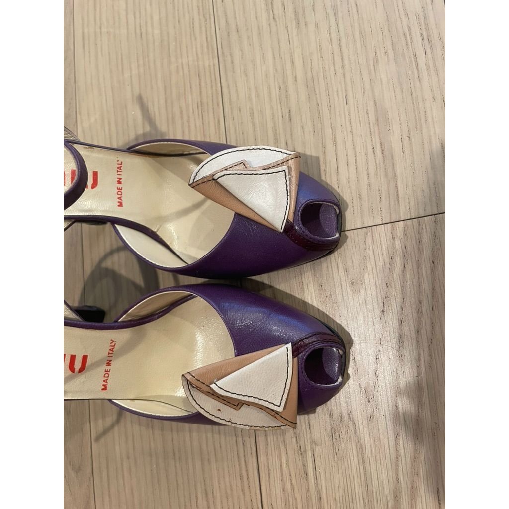 Miu Miu Miu Miu Purple Leather Peep-Toe Sandals With Beige Bow Detai Size US 5 / IT 35 - 4 Thumbnail