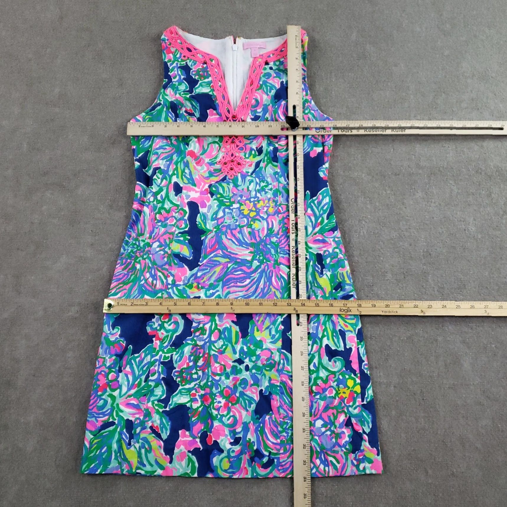 Lilly Pulitzer Lilly Pulitzer Ryder Shift Dress Womens 4 Blue Floral Pink Trim Cotton Beaded Size S / US 4 / IT 40 - 2 Thumbnail