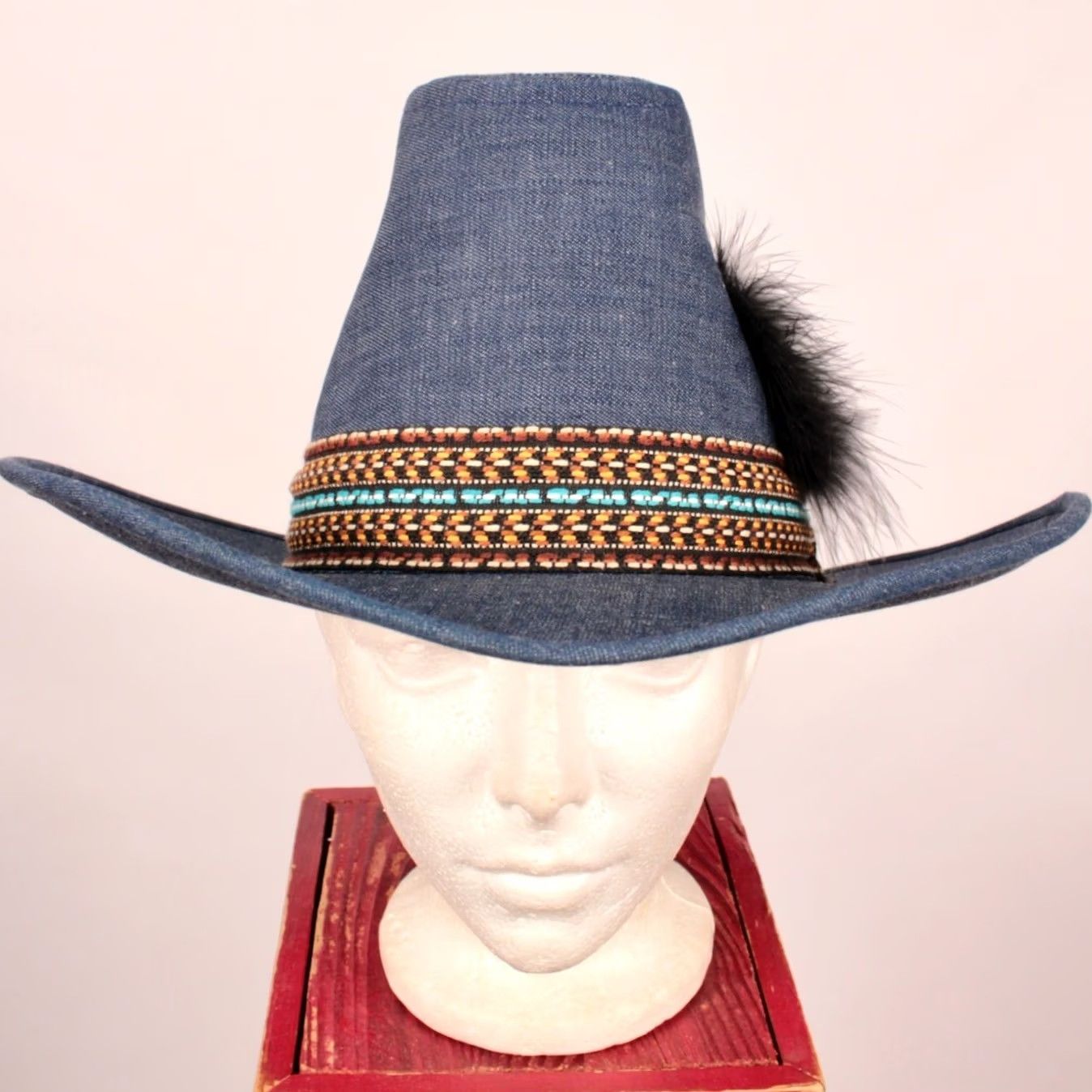 Vintage VTG 70s Cowboy Hat Denim Blue Feather Sz M Men’s Medium Denim Cowboy Hat Blue 1970s NOS Original (Size: Medium) Size ONE SIZE - 2 Thumbnail