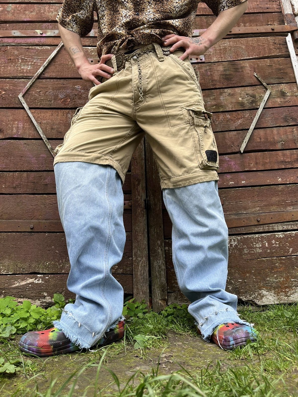 Handmade Custom transformer distressed cargo jeans pants+shorts grung Size US 36 / EU 52 - 4 Thumbnail
