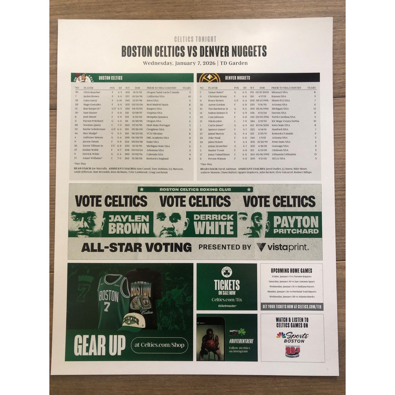 NBA Boston Celtics v Denver Nuggets 1/7/26 Lineup Poster Hauser Size ONE SIZE - 3 Thumbnail
