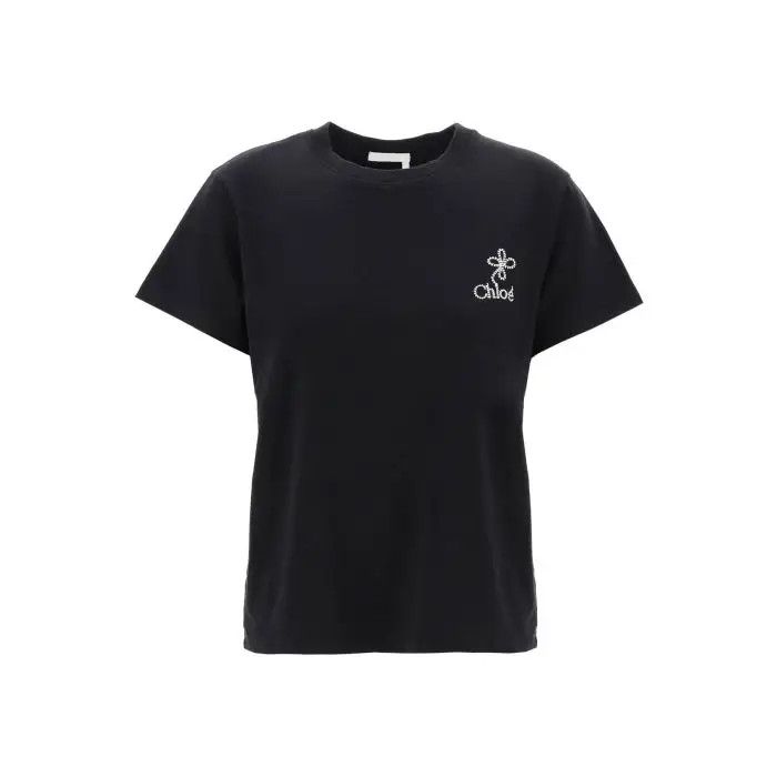 image of Chloe O1S22I1N0424 Embroidered Logo T-Shirt In Black, Women's (Size Medium)
