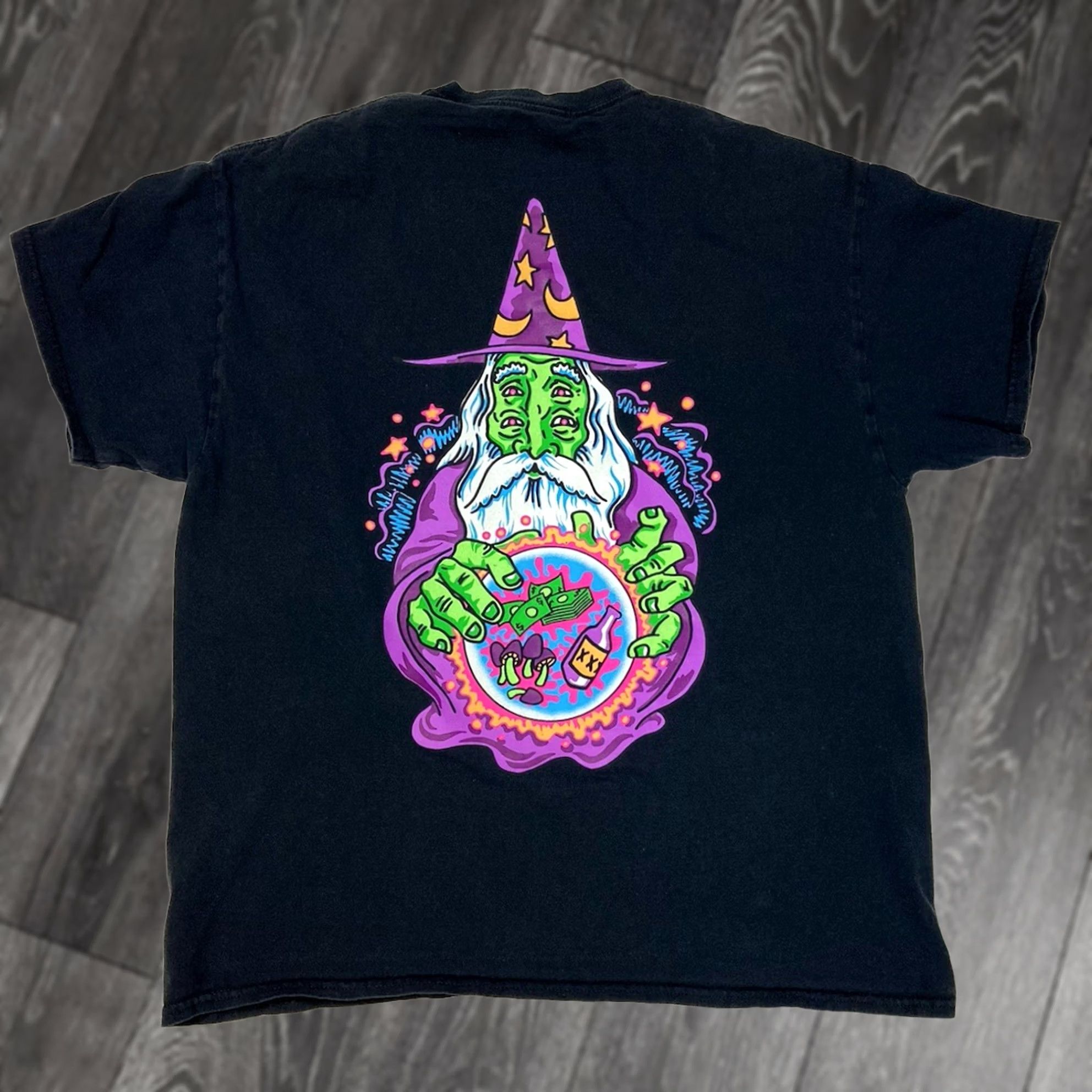 VINTAGE ALAB Magic Wizard Psychedelic Graphic T-shirt Men XL Black Short Sleeve