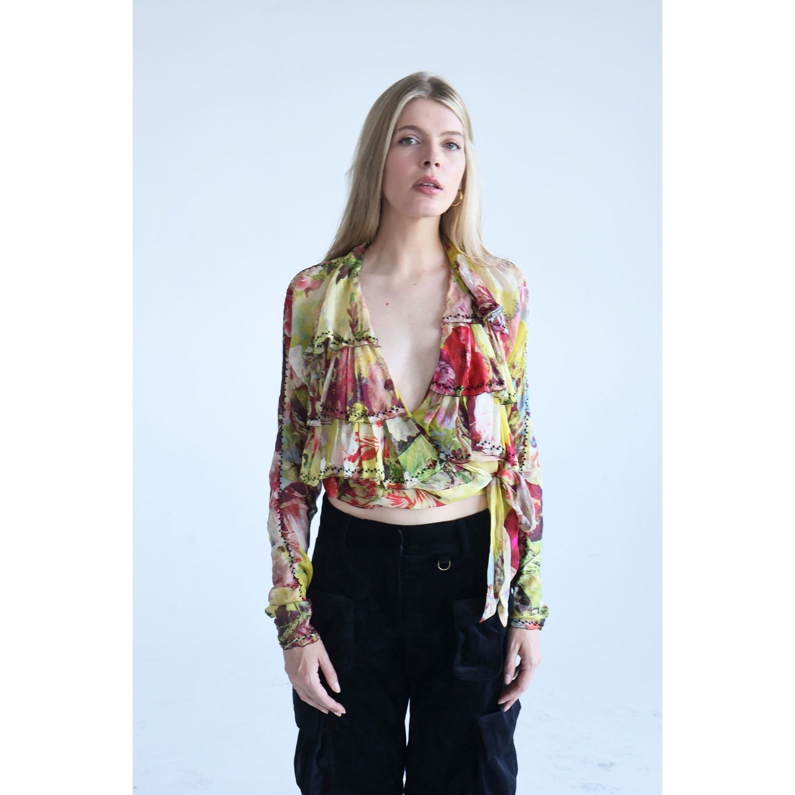 Jean Paul Gaultier Vintage Jean Paul Gaultier Floral Print Silk Ruffle Wrap Top Size M / US 6-8 / IT 42-44 - 1 Thumbnail