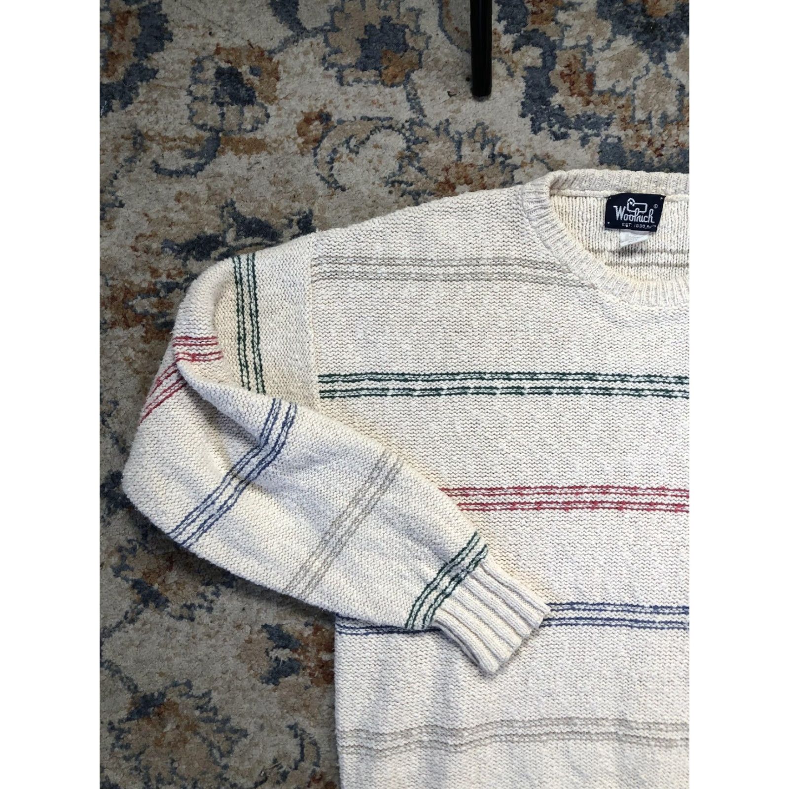 Vintage VINTAGE Woolrich Sweater Mens Large Beige Striped Cotton Knit Pullover USA 80s Size US L / EU 52-54 / 3 - 3 Thumbnail